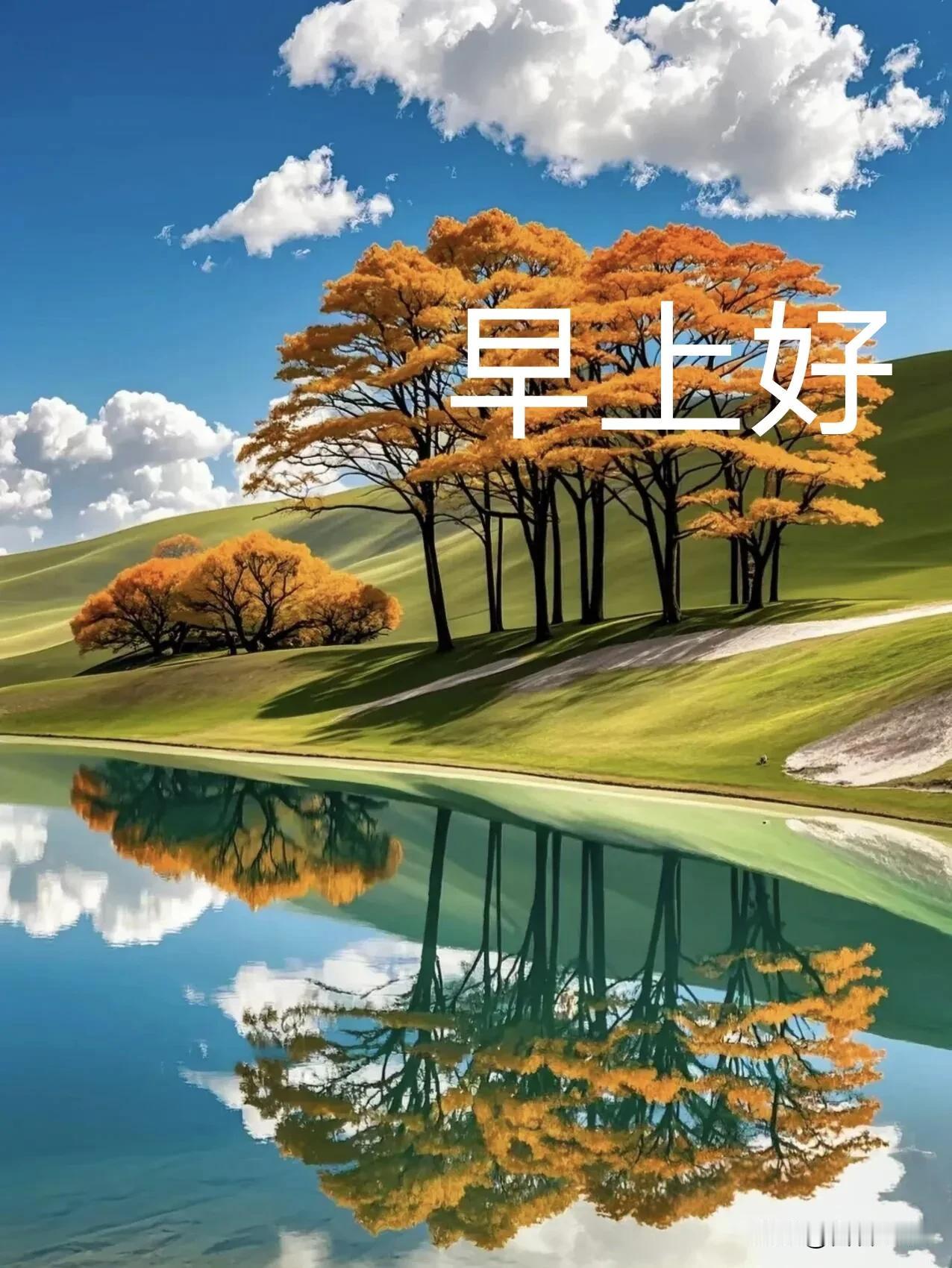 碧水映秋树，云淡风也轻，早上好，愿生活澄澈，万事顺心。