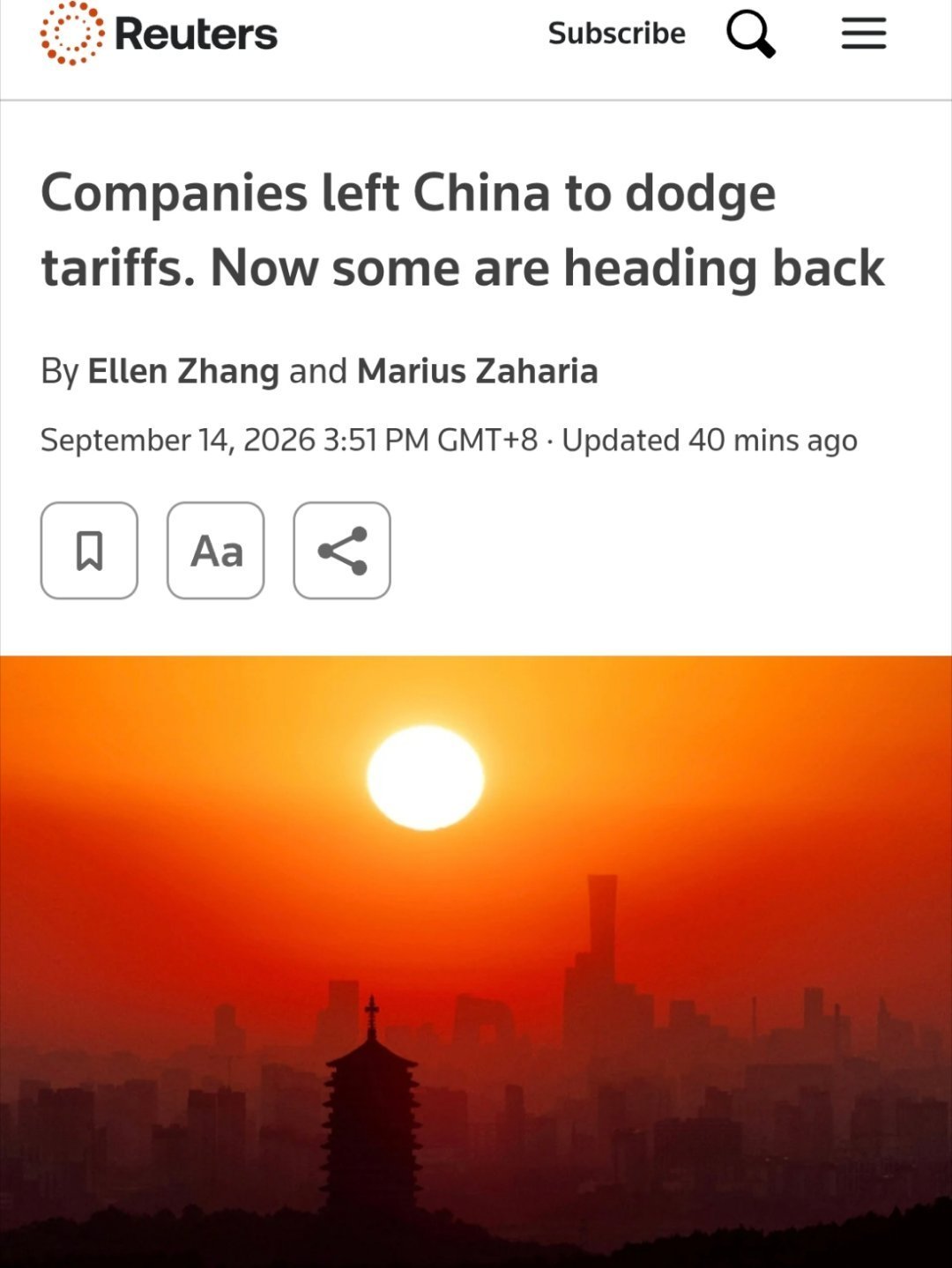 路透社发文“复制中国的工厂生态系统并不容易，搬离中国的工厂正在回流！”路透社称，