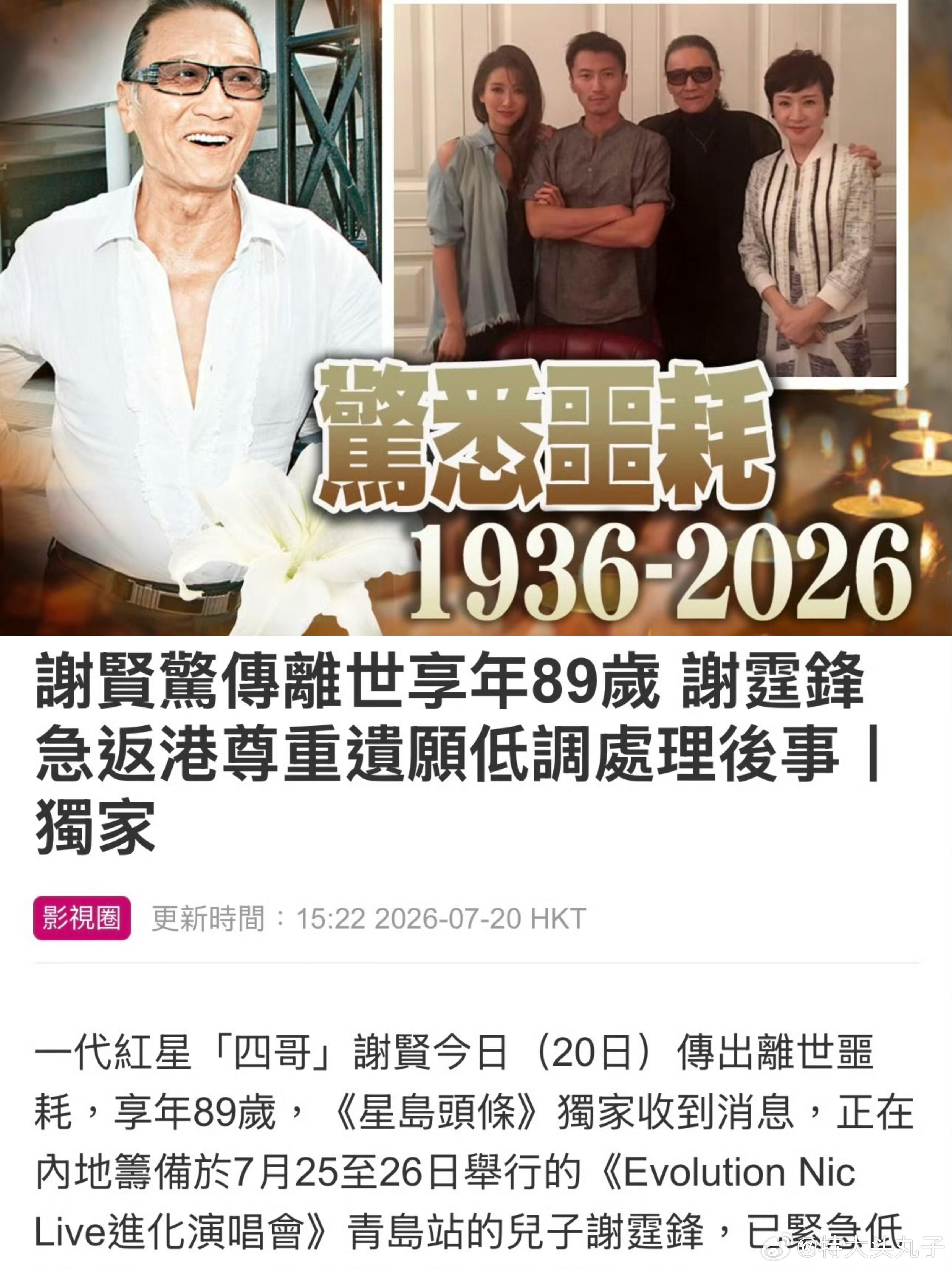 据港媒报道，一代红星“四哥”谢贤今日（20日）传出离世噩耗，享年89岁。谢霆锋发