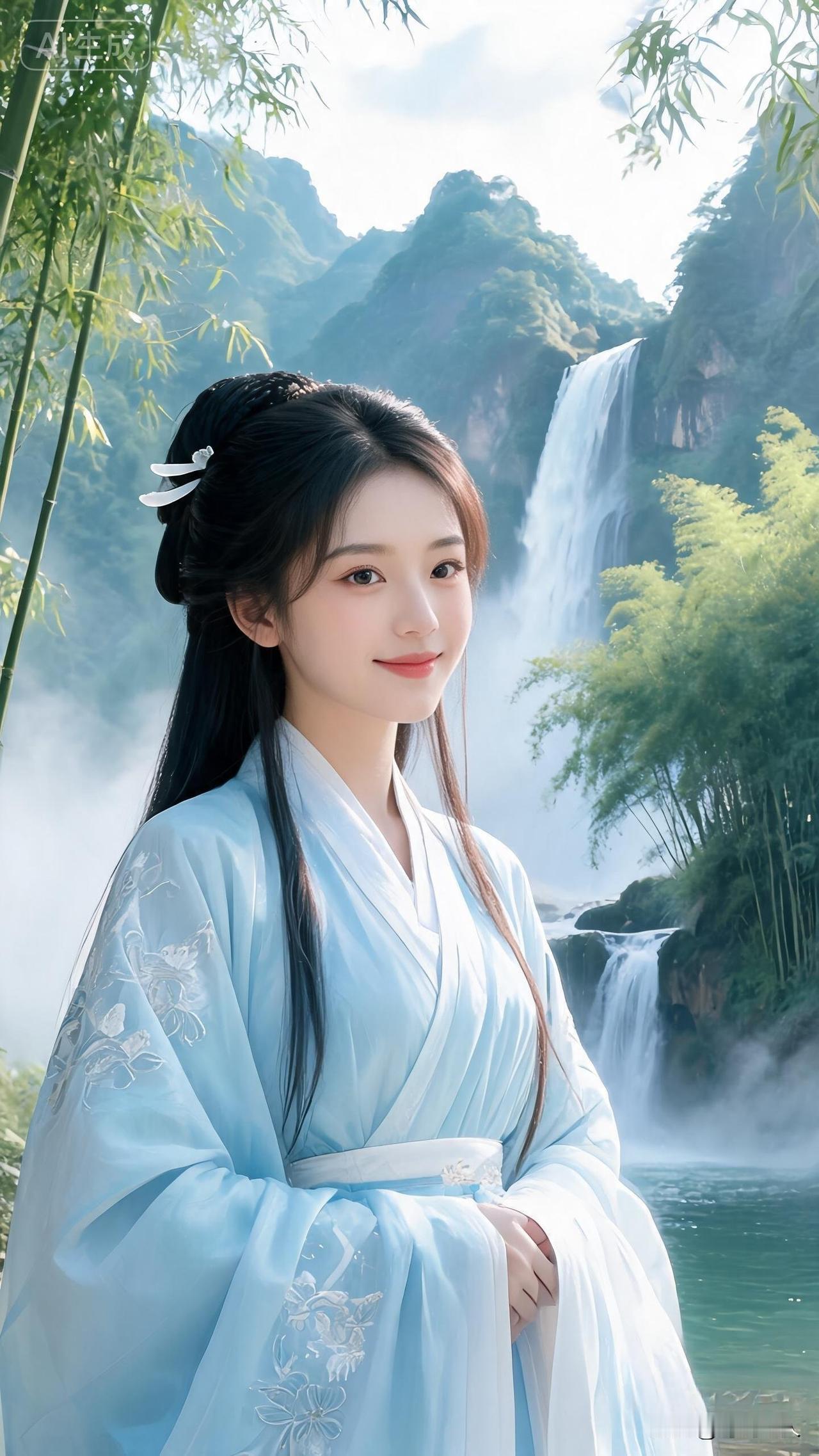 上联：翠竹依山观飞瀑
下联：素衣临水沐清风
 
这般竹海飞瀑配古风佳人的景致，看