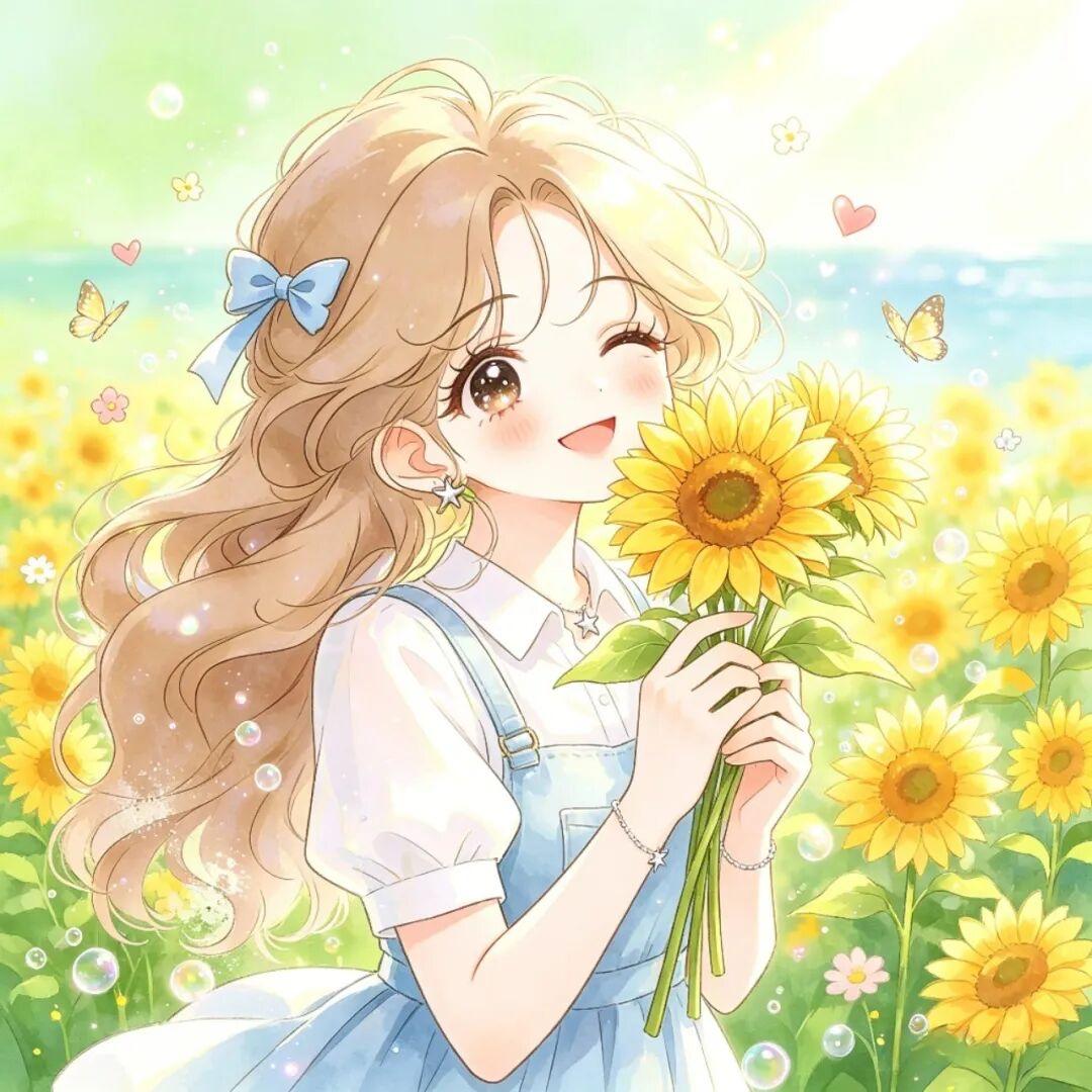 女生头像｜风拂花田，少女与向日葵一同发光