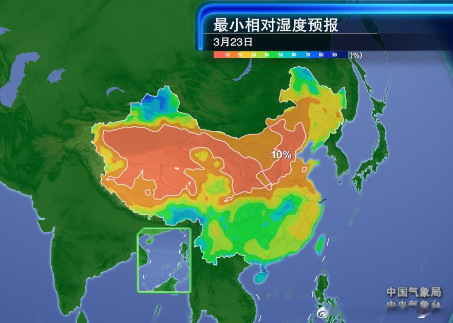 【雨雪和干燥】明天北方多地依然非常干燥，下午最小相对湿度可能低于10%。常年3月