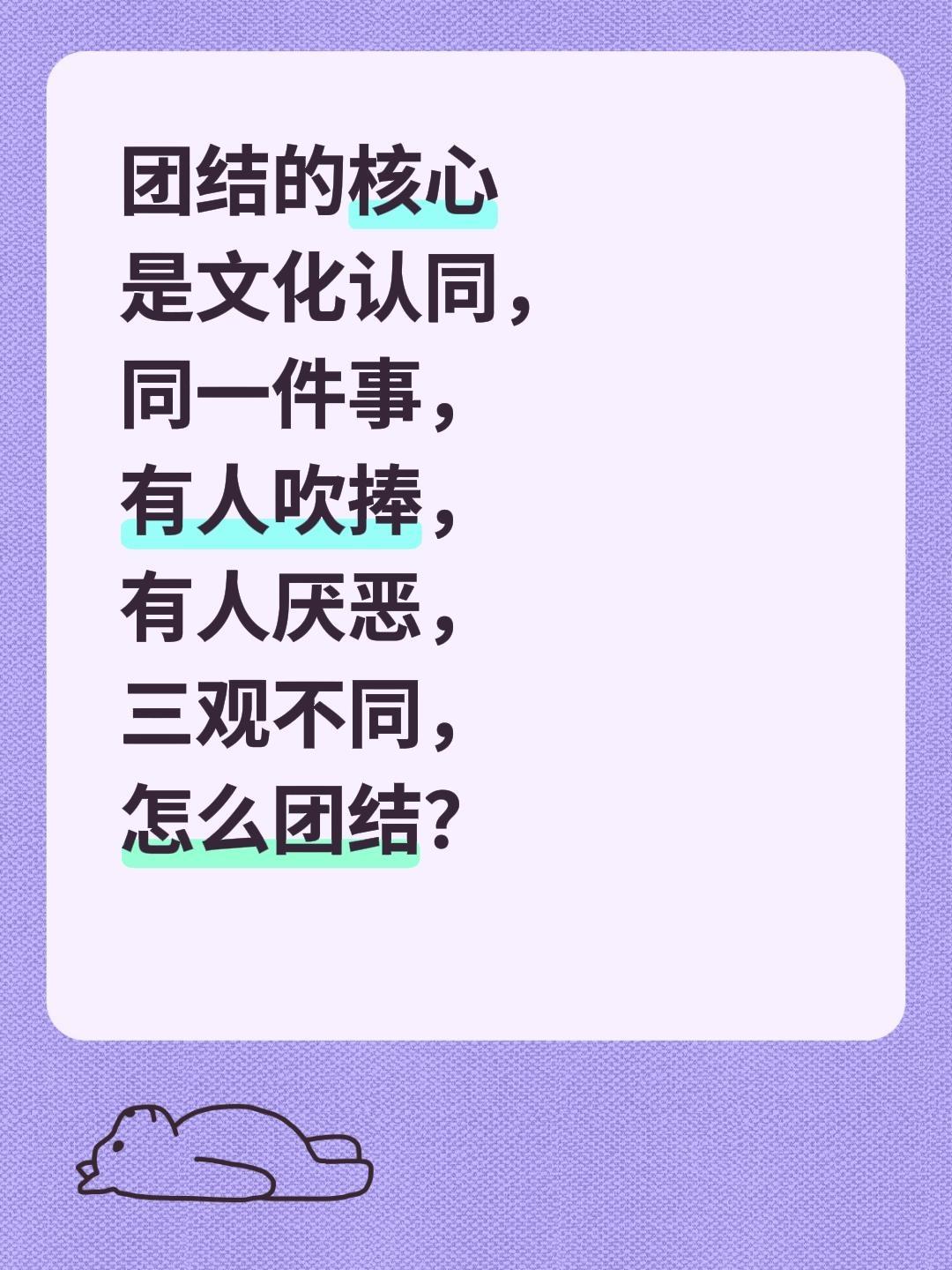 团结的核心 是文化认同， 同一件事， 有人吹捧， 有人厌恶， 三观不同...