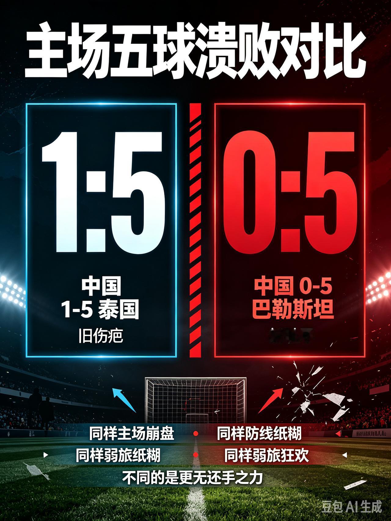 同是主场5球大败，0‑5巴勒斯坦比1‑5泰国更加刺骨
 
1比5泰国，是刻在所有