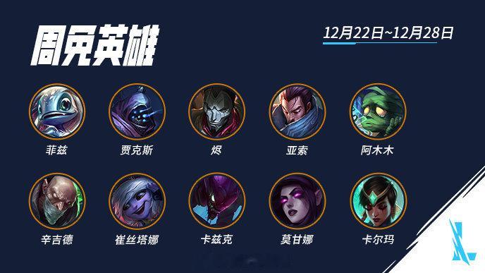 #英雄联盟手游# 本周限免菲兹、贾克斯、烬、亚索、阿木木、辛吉德、崔丝塔娜、卡兹