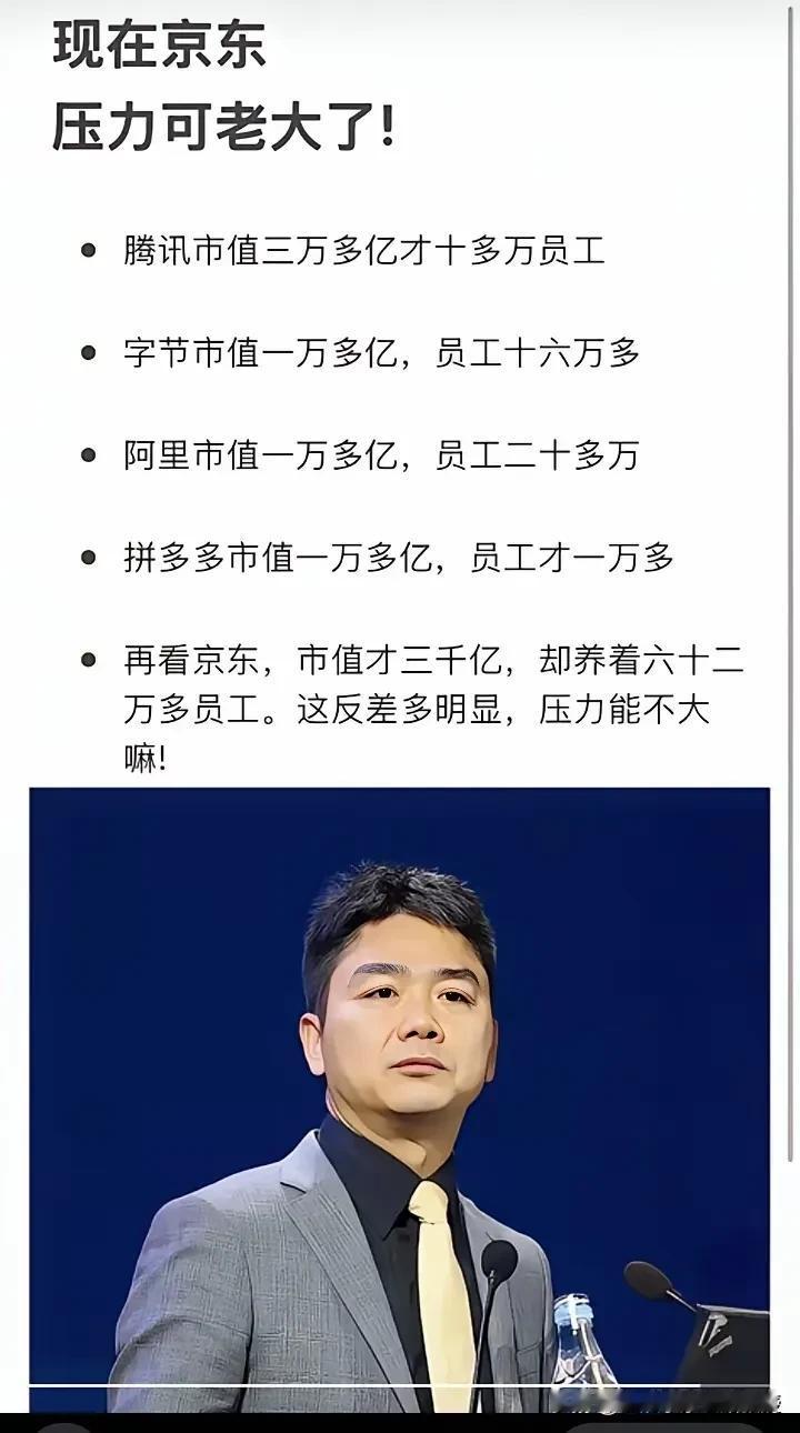看一下图，很多人都沉默了。京东的市值最低，养活的员工却最多。这幅图中最轻资产的就