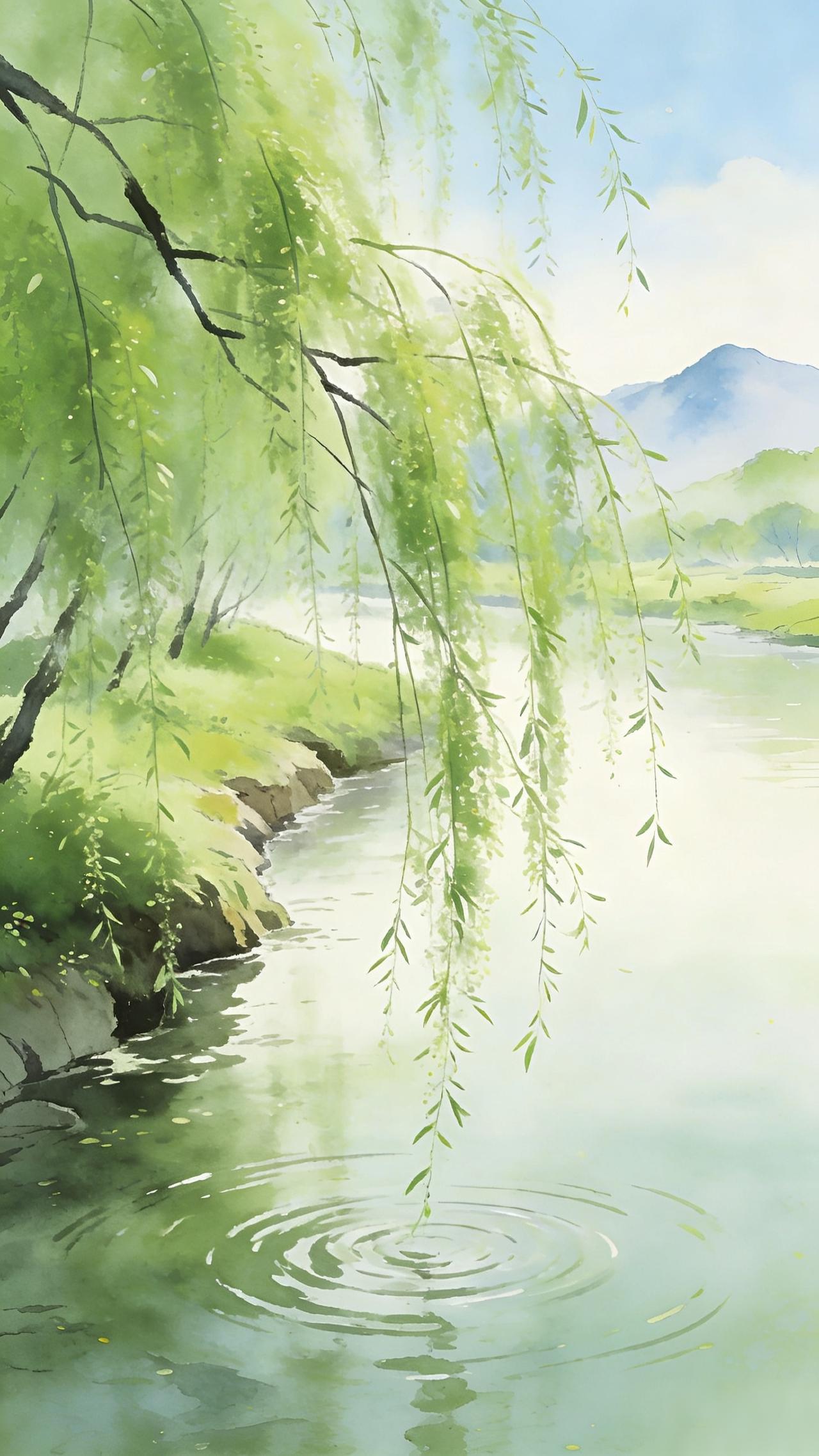 上联：风吹春柳一堤绿
下联：雨润桃花满院红

1. 意境解释

这是最经典的“春