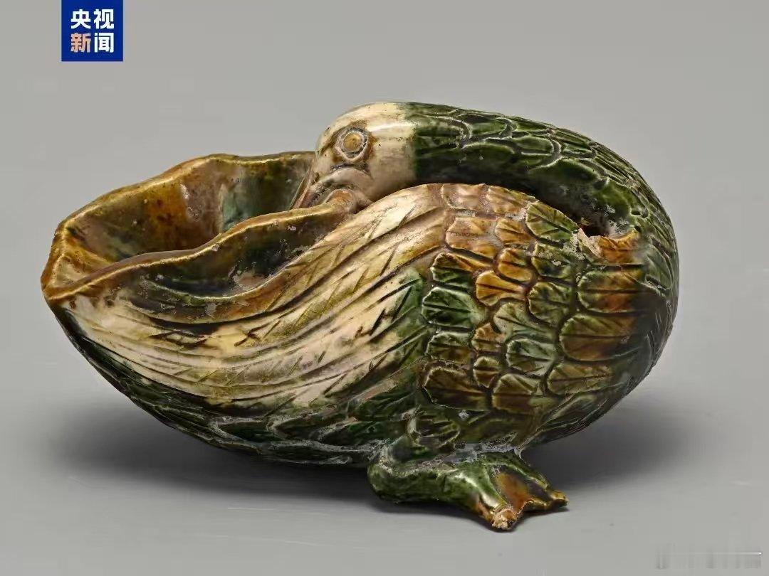 文物科普辽三彩 这只“戏水”的小鸭子，其实是个精致的小酒杯。辽代三彩雁鸭形杯，高