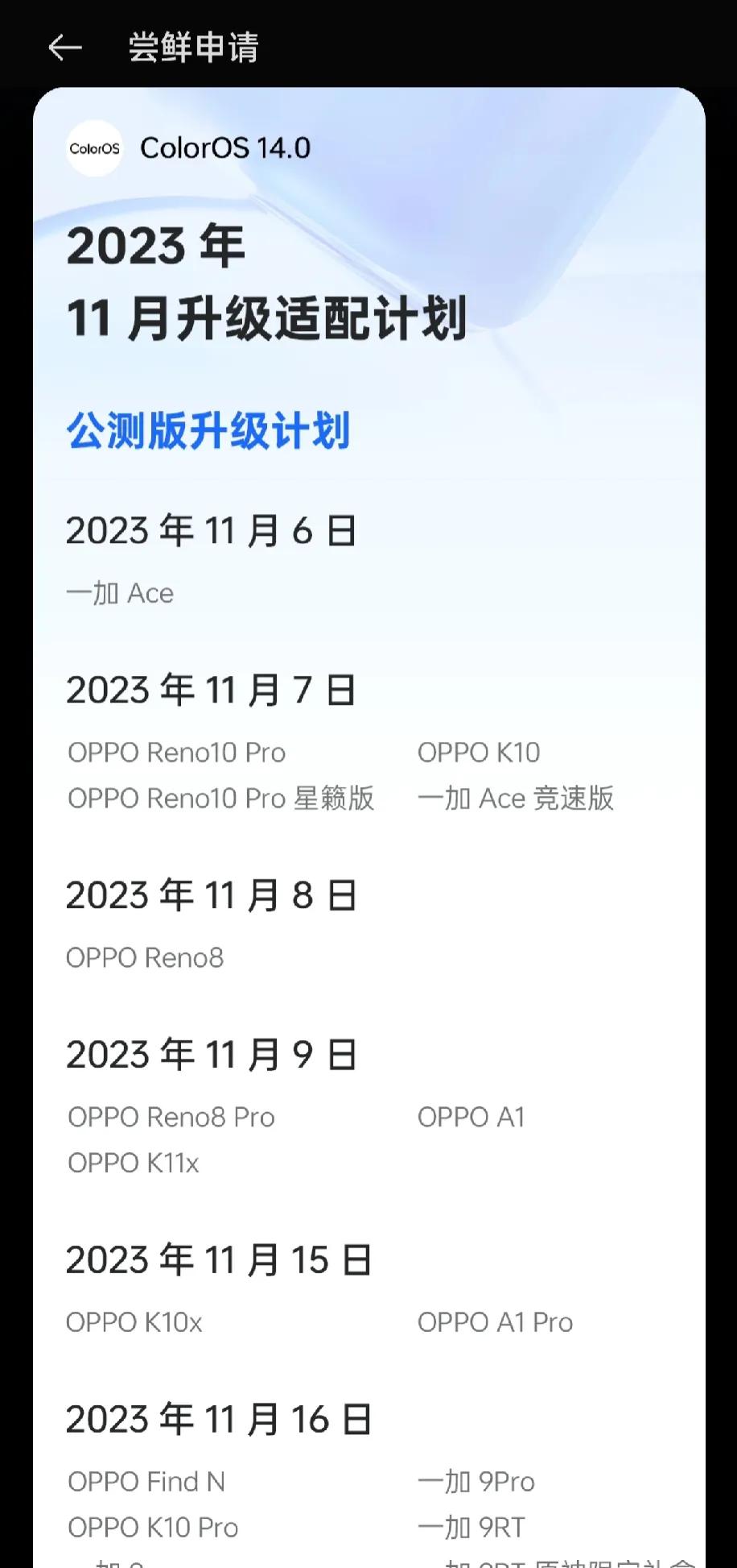 ColorOS14升级计划，看看有没有你的手机。

我的已经安排上了，11月份还