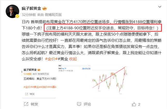 再次给到大家的黄金在上方4187附近位置进场空，行情到4172位置有个150点全