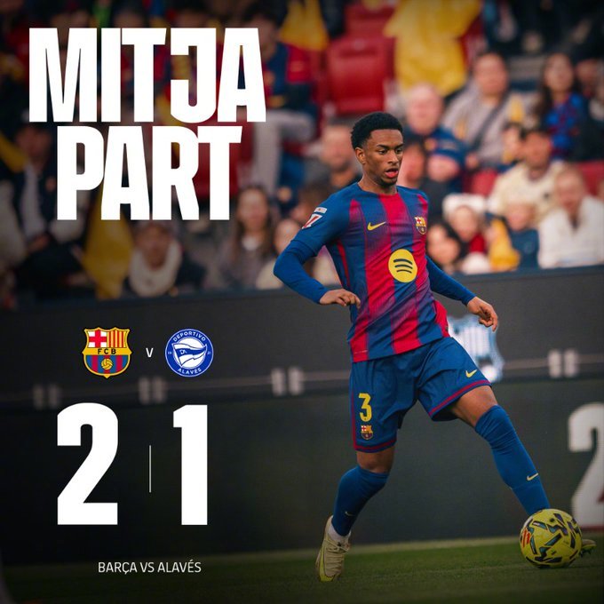 巴萨vs阿拉维斯上半场比赛结束，巴萨暂时以 2:1 领先。比赛开局不利，红蓝军团