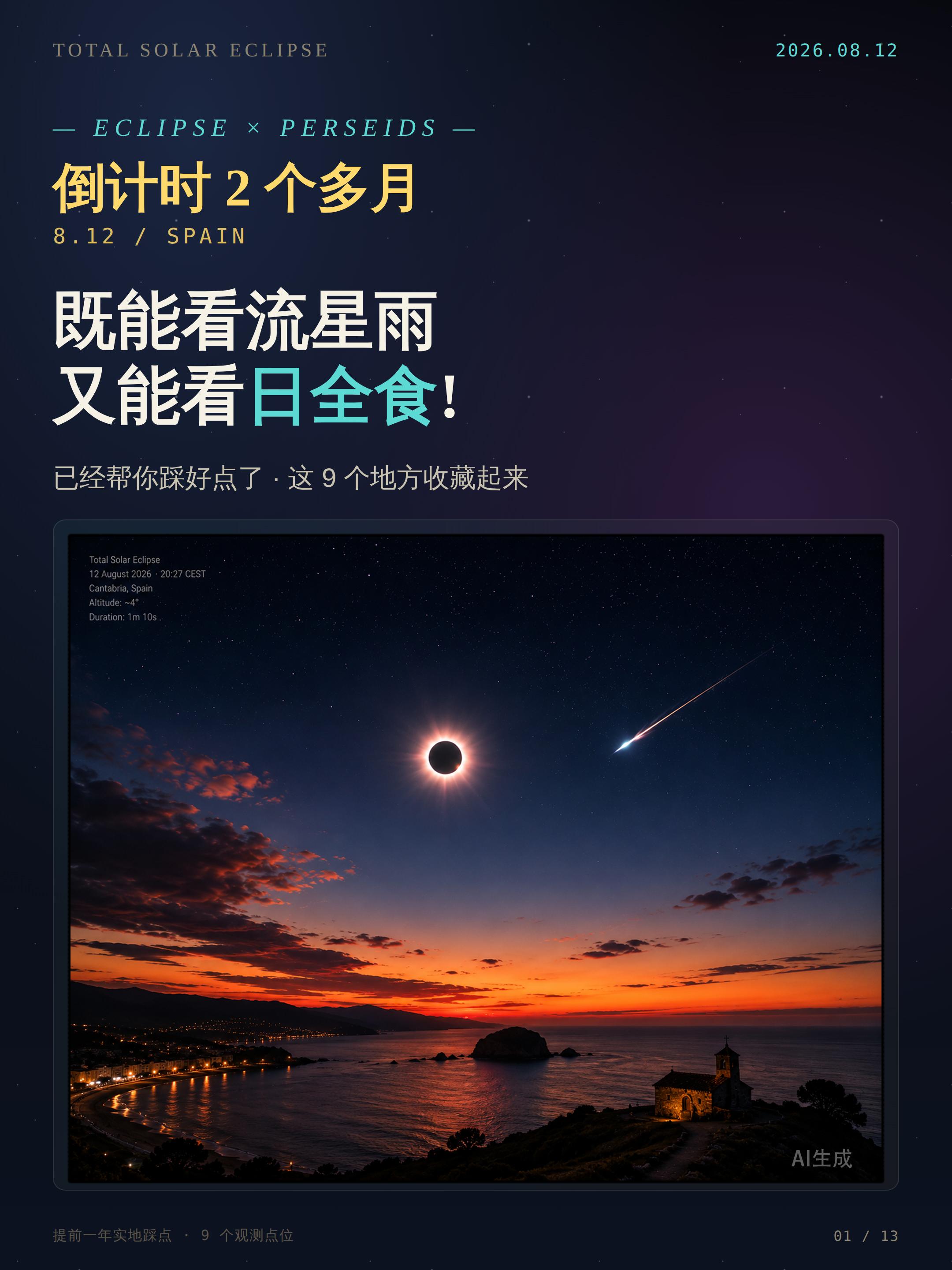 一辈子能撞上一次的天象组合。2026年8月12日,日食 + 英仙座流星...