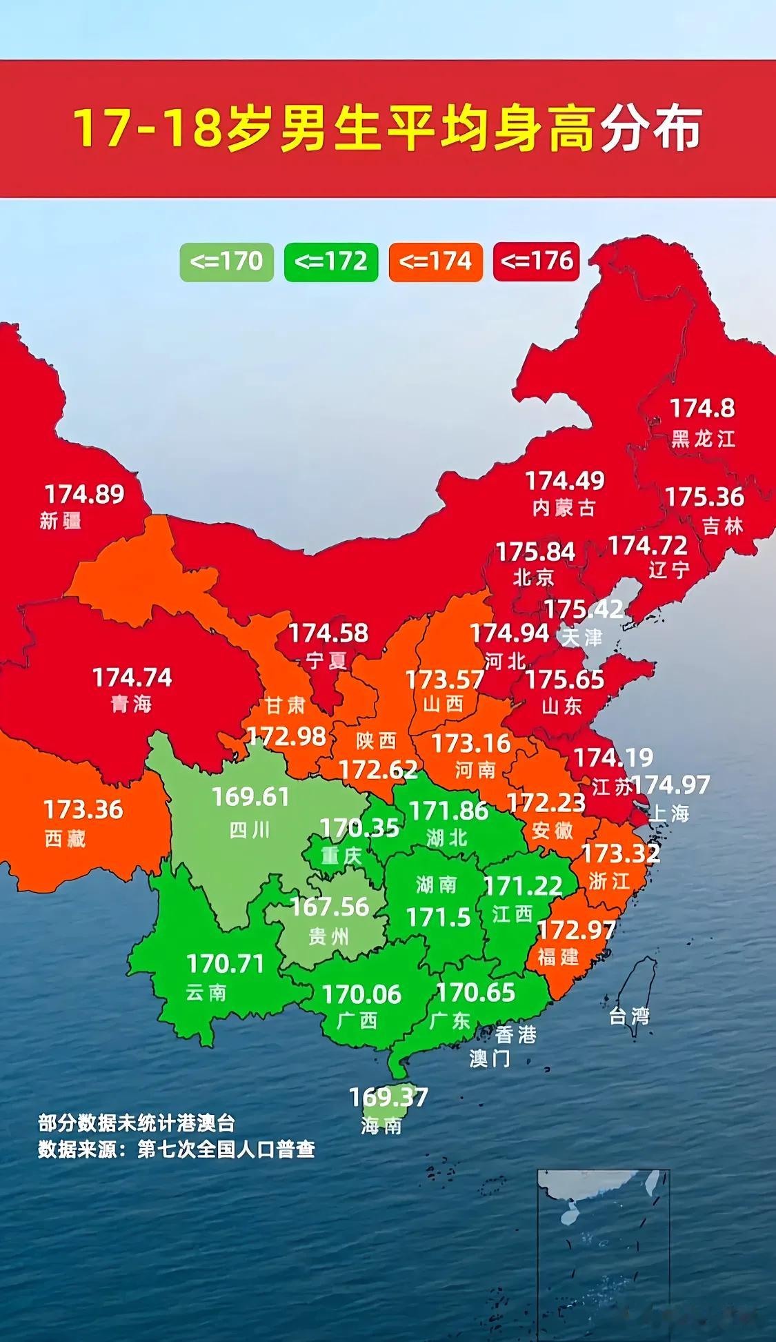各省17-18岁男生身高，山东这次不是第一！广西都这么高了 ​​​