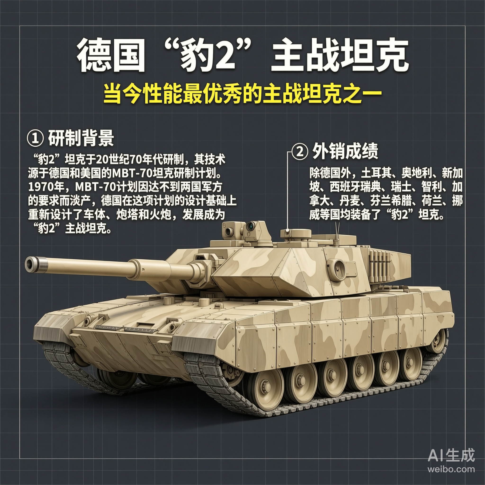 军事ai新视野  德国“豹2”主战坦克“豹2”（Leopard 2）坦克是德国于