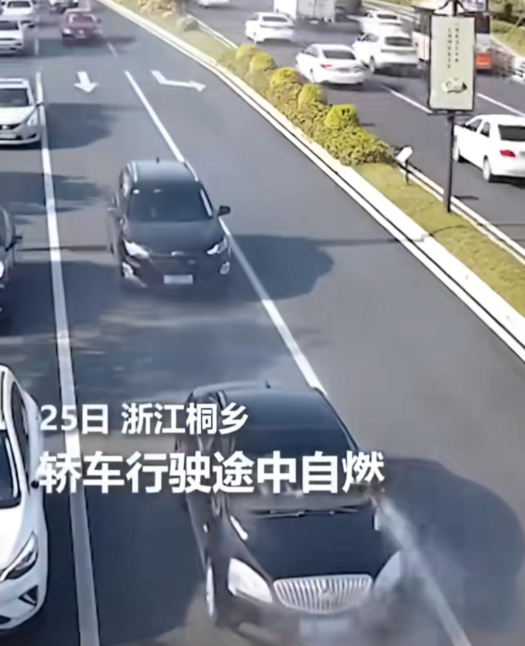 浙江桐乡的马路上，一辆正常行驶的黑色轿车突然冒出浓烟，引擎盖下窜出火苗，情况瞬间