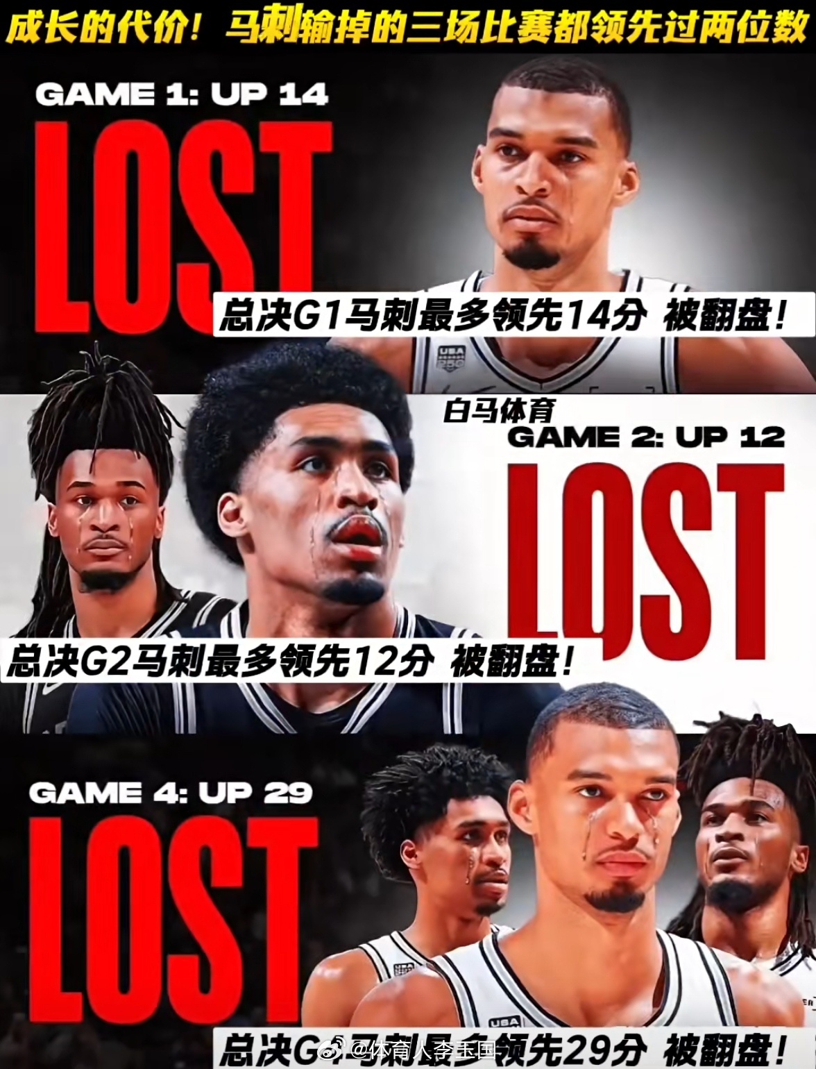 成长的代价！马刺输掉的三场比赛都领先过两位数！马刺nba吐槽大会nbanba季后