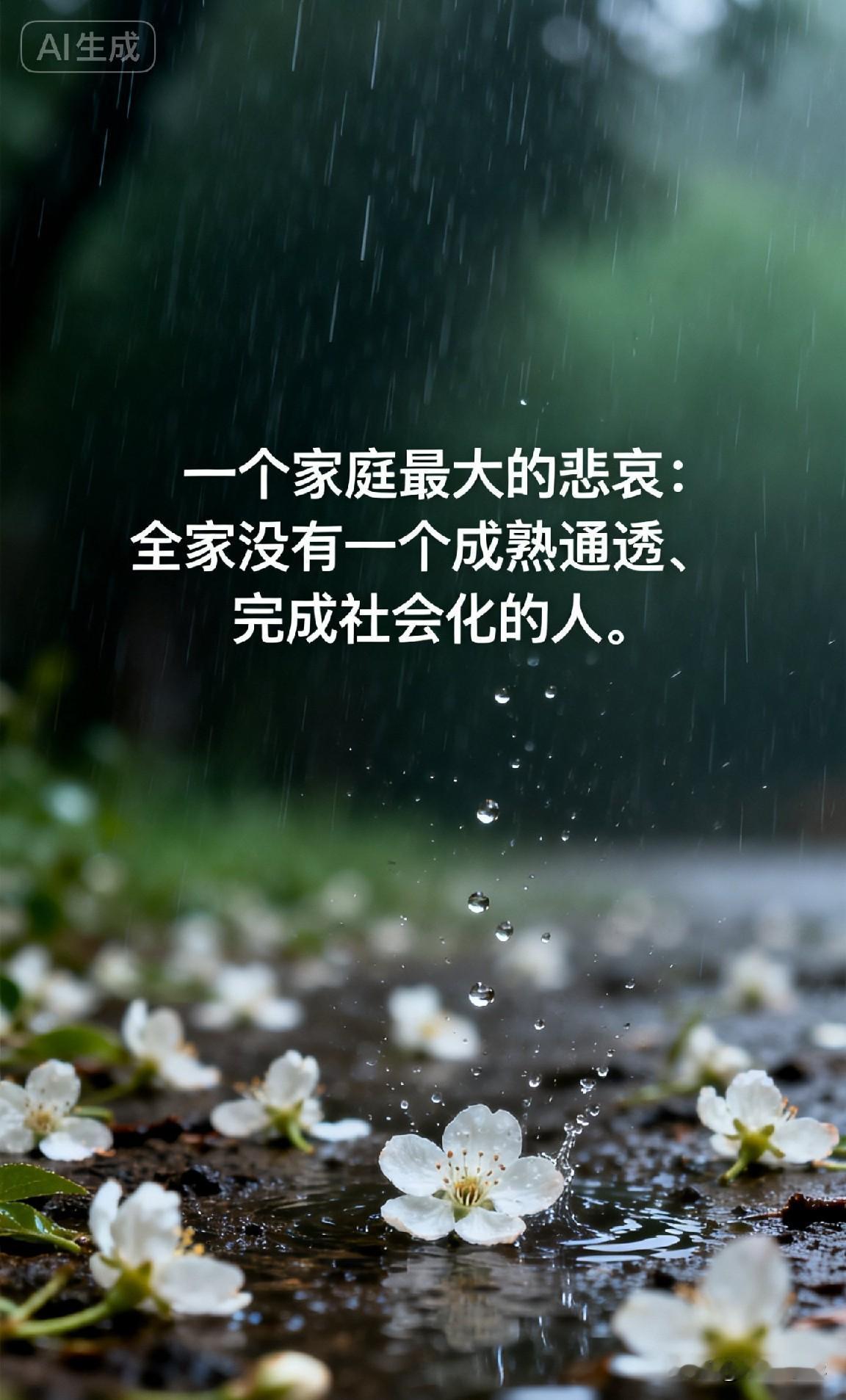 一个家庭最大的悲哀：全家没有一个成熟通透、完成社会化的人。

一个家庭最大的悲哀