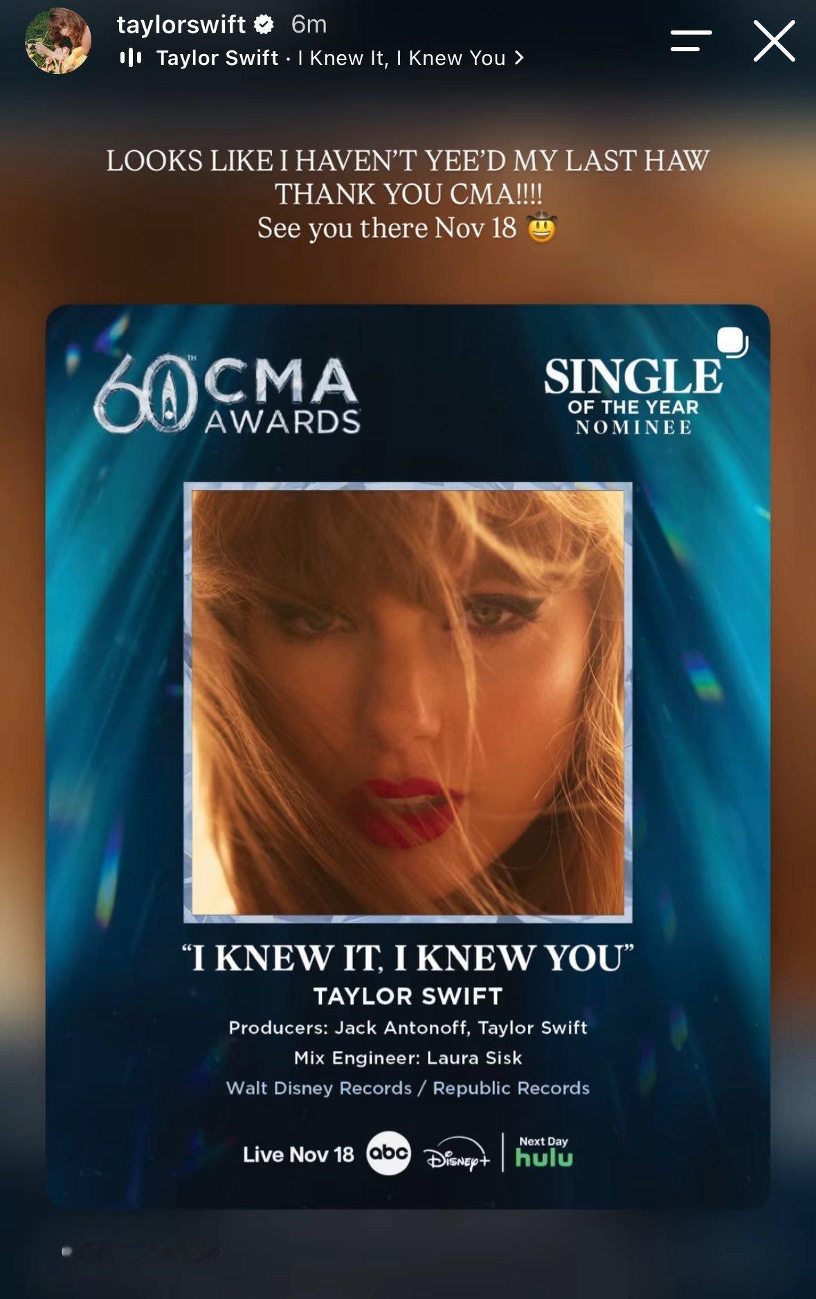 霉霉 Taylor Swift 更新IG Story感谢凭借《I Knew It