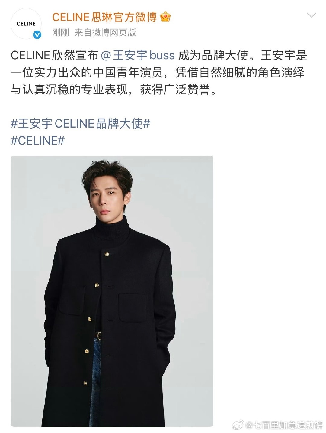 王安宇CELINE品牌大使官宣 