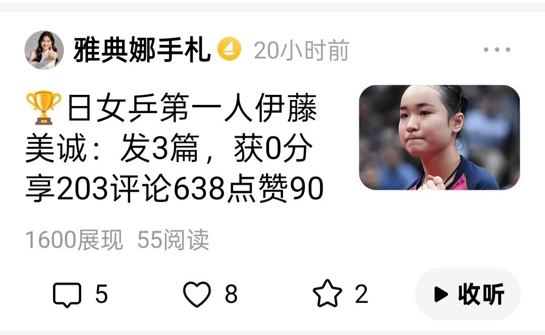 昨天发的伊藤美诚的成绩，见下图：
又是为爱发电，
是不是我自己的想法，其实没不是