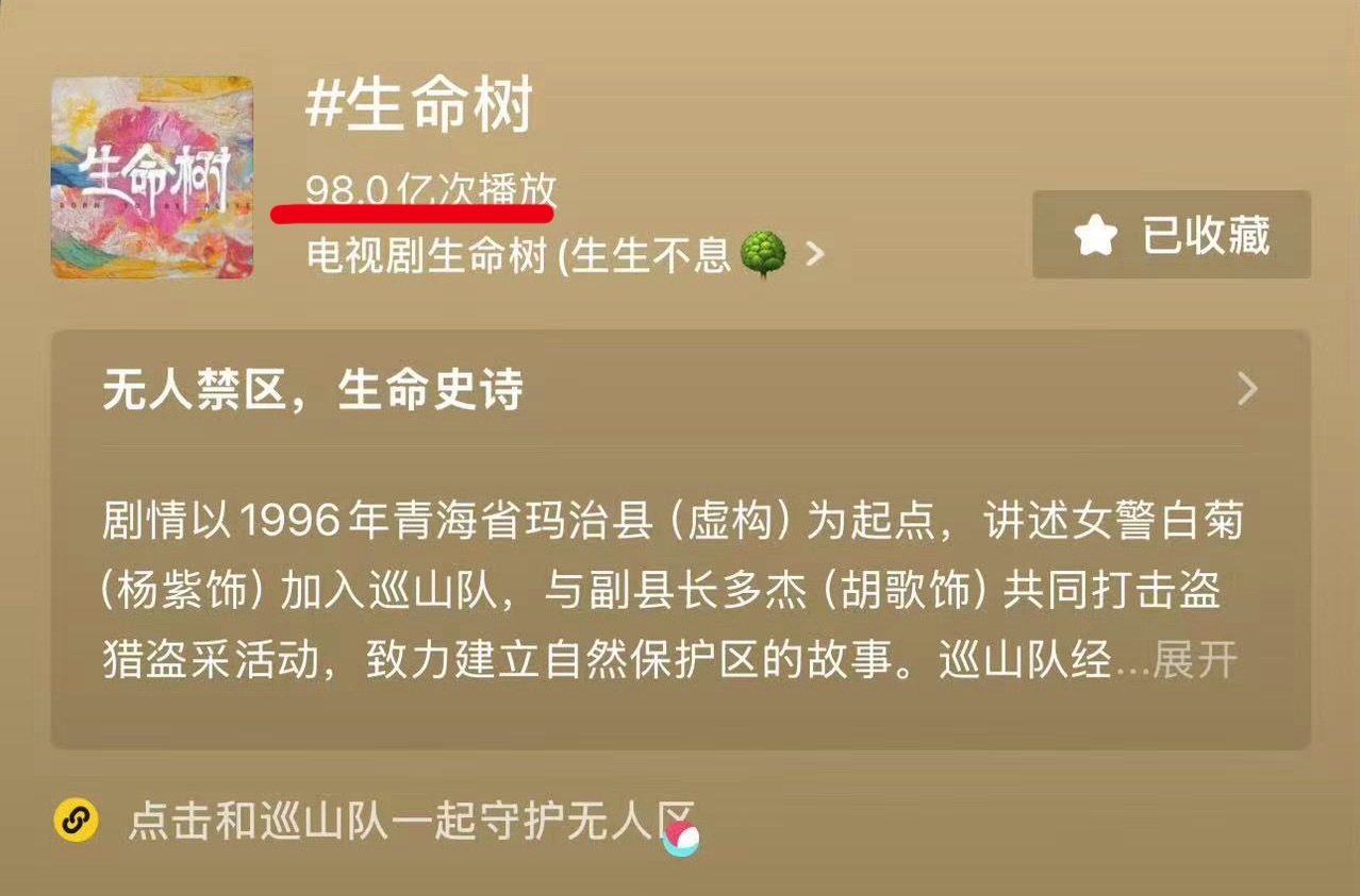 《生命树》有视后热度带动，话题量一晚上就一个亿，即将突破100亿！🎉 