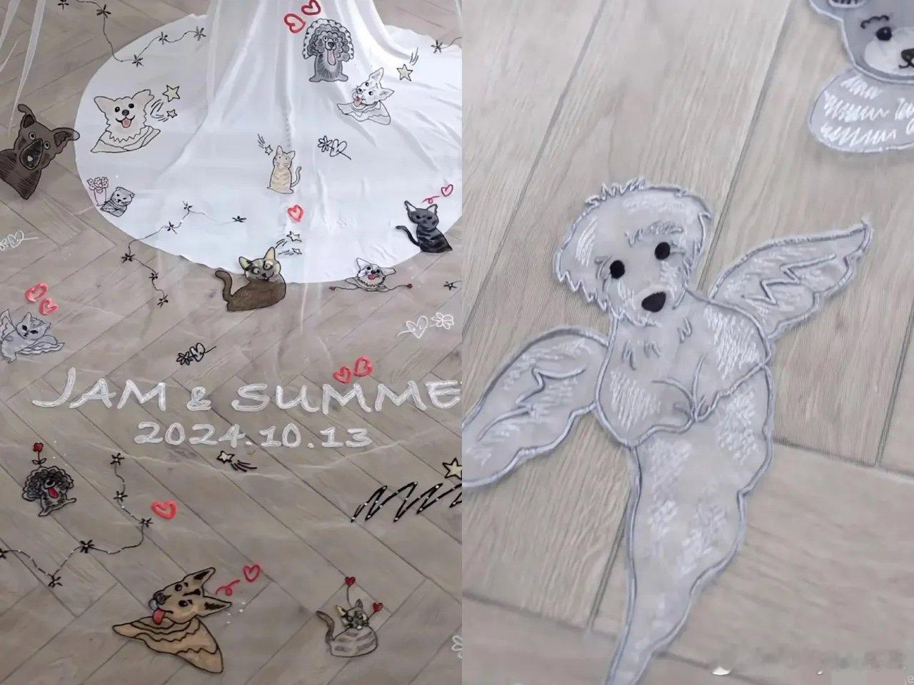 #林有慧婚纱绣了好多动物#林有慧在自己的婚纱上绣上了自己养的小宠物，这些小宠物相