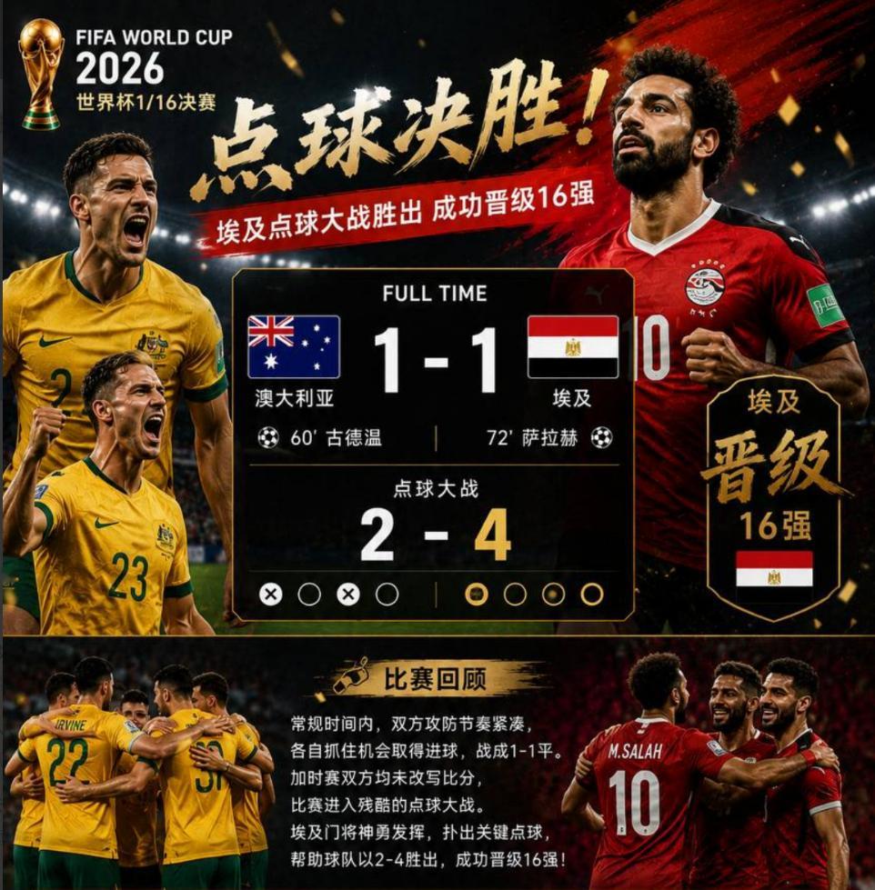 世界杯淘汰赛｜澳大利亚1-1埃及（点球2-4），埃及点球大战笑到最后，成功晋级1