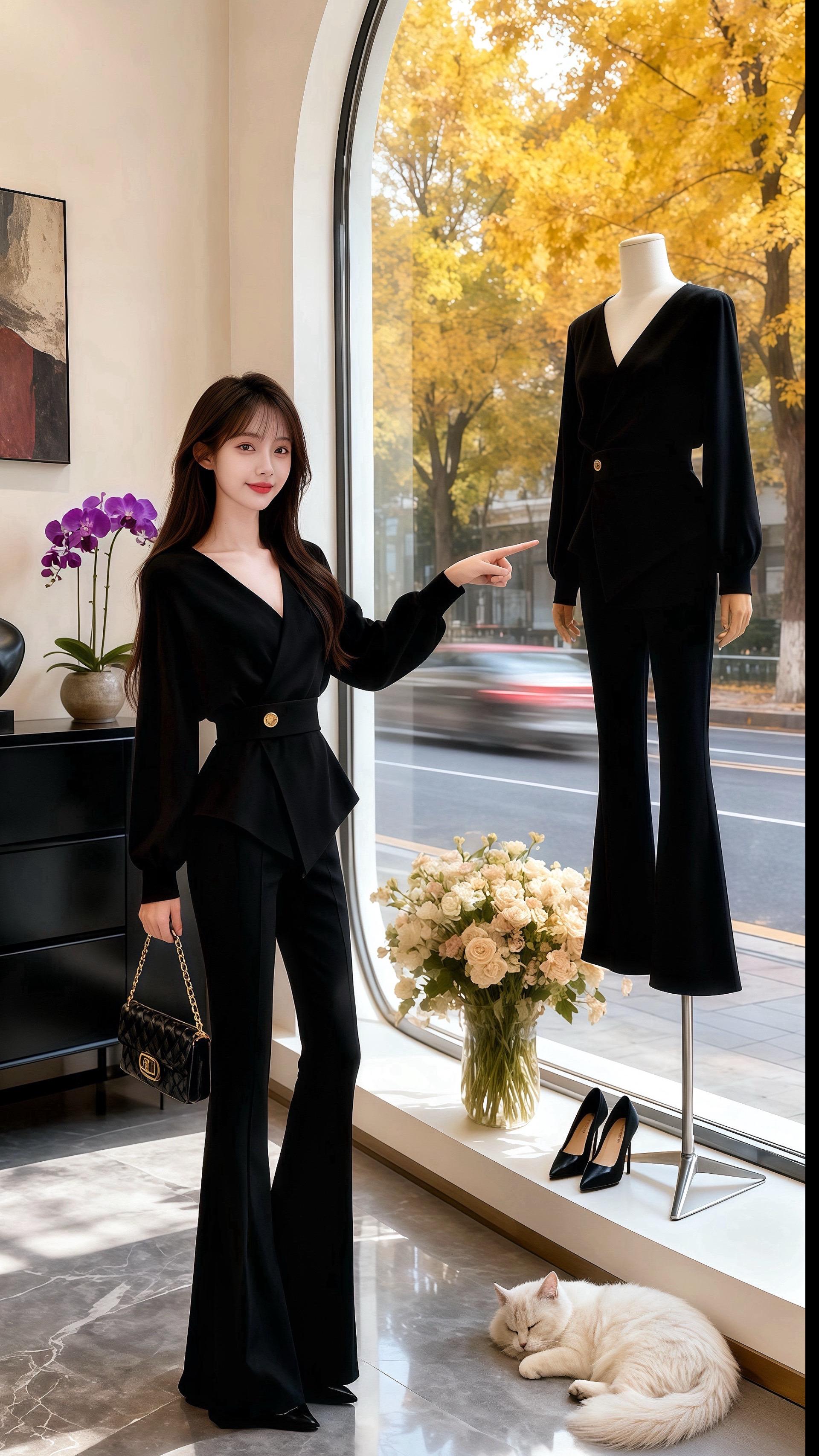 秋日的女装店里，暖光柔和地洒在许妍身上。她身着一套黑色套装，腰间金色纽...