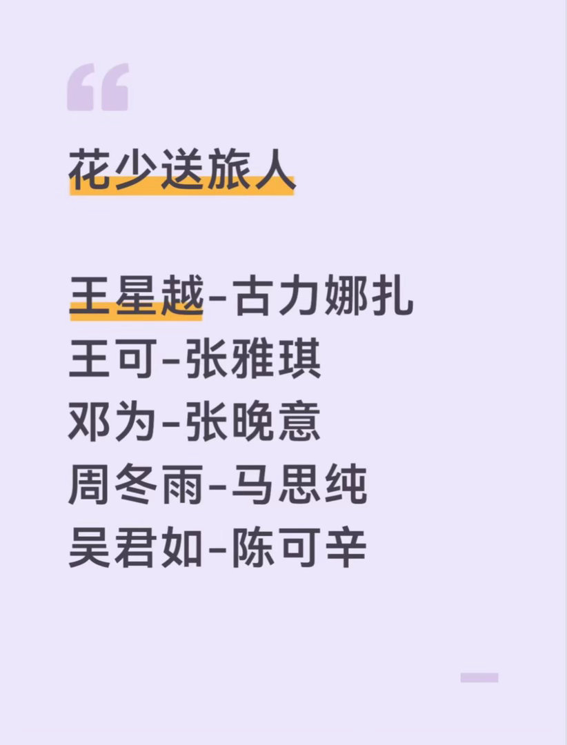 花少已集结 查看送旅人（持续更新）王星越-古力娜扎王可-张雅琪邓为-张晚意周冬雨