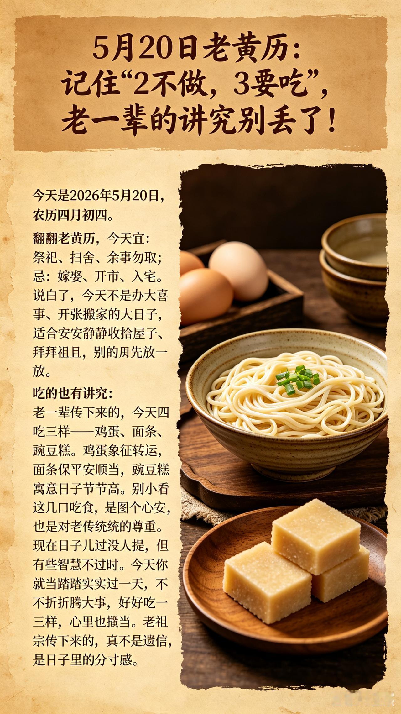 5月20日老黄历：记住“2不做，3要吃”，老一辈的讲究别丢了！

今天是2026