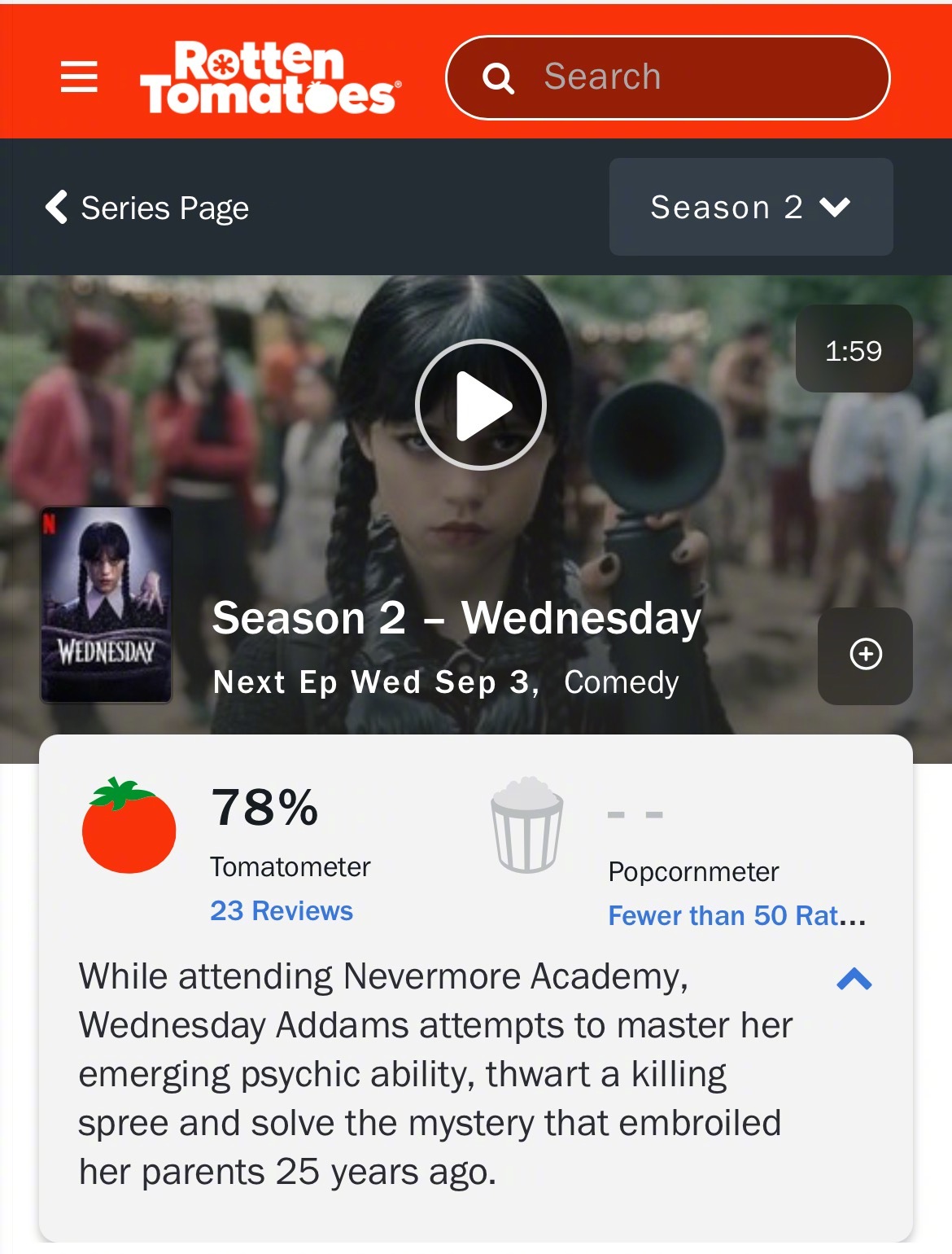 Netflix热门美剧《星期三》第二季烂番茄也正式开分了，现在78%新鲜度。评价
