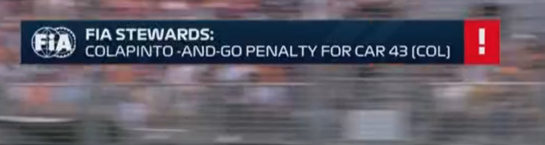 科拉平托被罚科拉平托&Go的原因：在编队圈前15秒内，有工作人员触碰了他的赛车F
