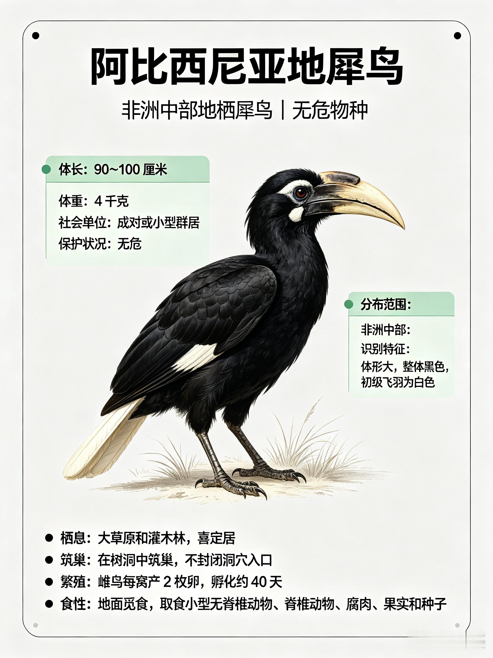 鸟类朋友图鉴 阿比西尼亚地犀鸟体长：90~100 厘米体重：4 千克社会单位：成