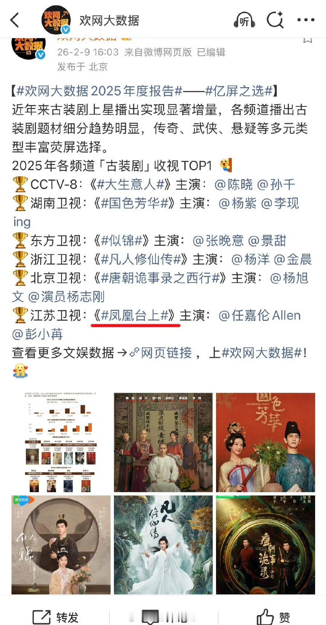 任嘉伦主演《凤凰台上》拿下2025年江苏卫视古装剧收视TOP1！