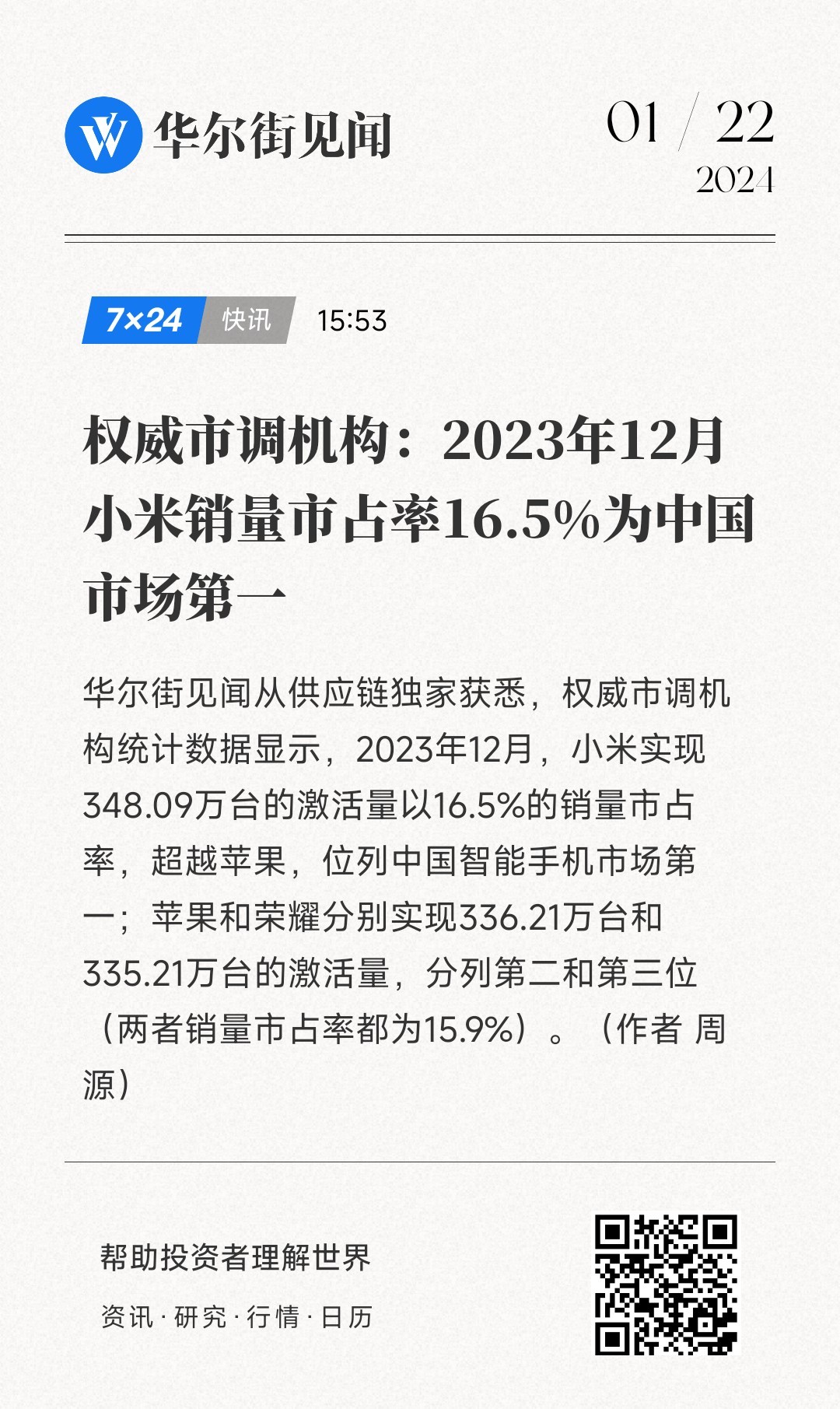 #小米超越苹果登顶中国第一#权威市调机构统计数据显示，2023年12月，小米实现