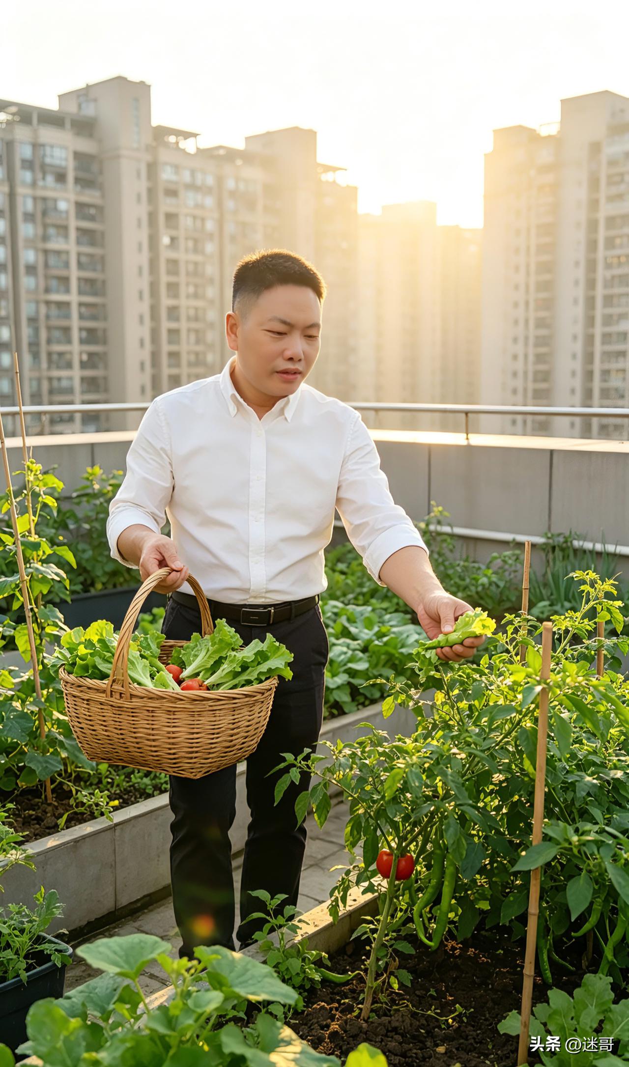 楼顶菜园摘菜，日子简单又踏实
 
早上趁着天气舒服，去小区楼顶菜园摘点新鲜蔬菜。