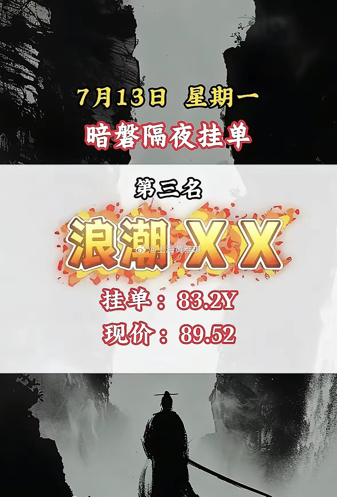 7月13日周一暗盘隔夜挂单，中科SG现价107.50，挂单价82.6Y，第七名！