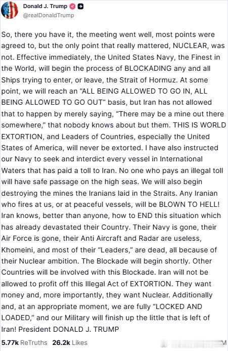 【黄金时代】川普宣布，美军将开始封锁所有试图事情就是这样，会议进行得很顺利，大部