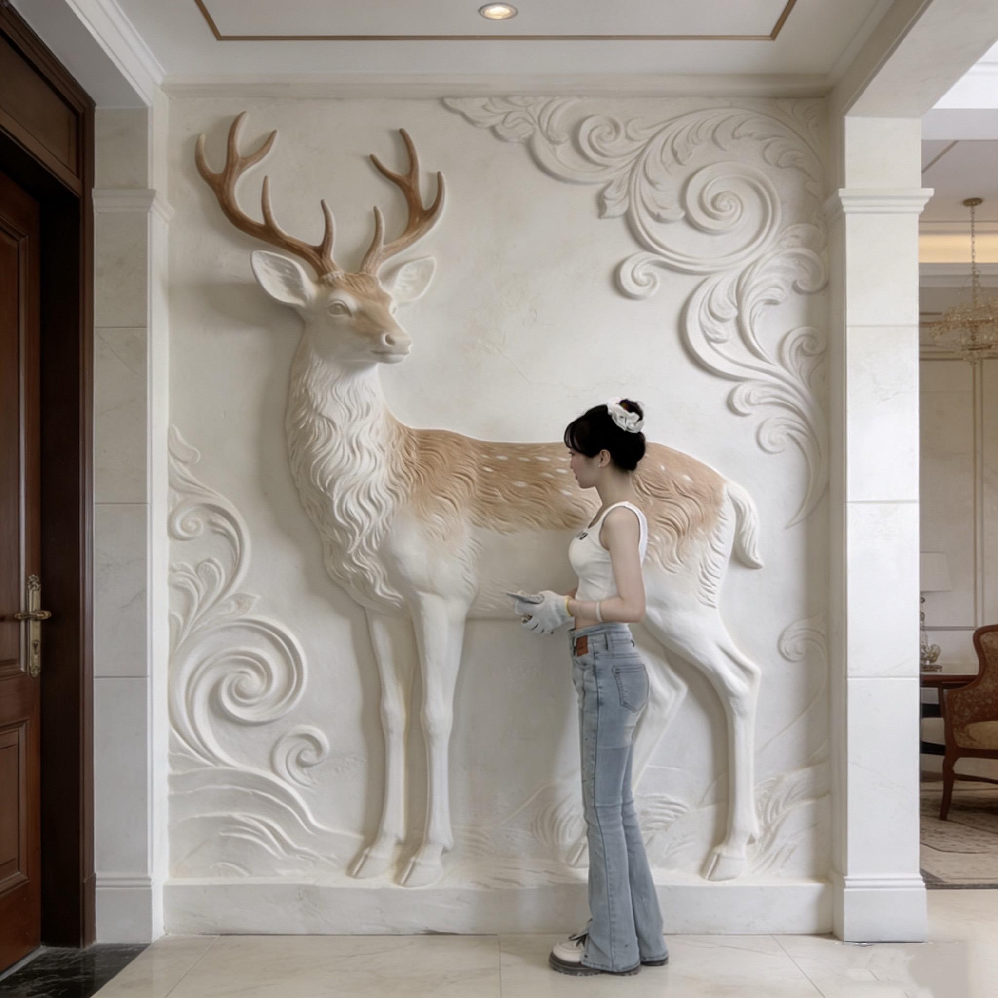 一鹿生花，一路好运，《鹿立体浮雕壁画》🎨
