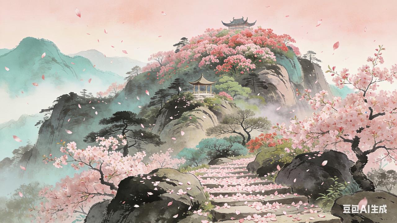 山脚下，最先迎接我的是一树早樱。粉白的花瓣薄得透光，像是谁用宣纸做成的一般。风过