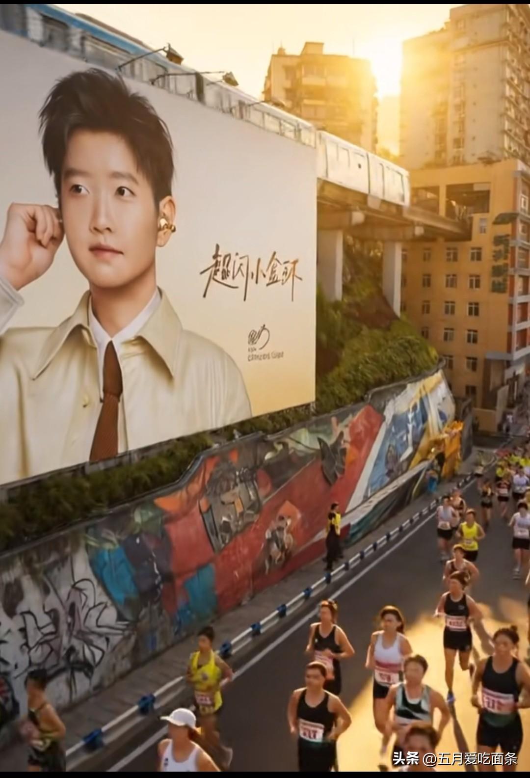 oppo又赢了，重庆马拉松跑者在阳光下跑步，莎莎oppo的广告牌就这么金灿灿的出