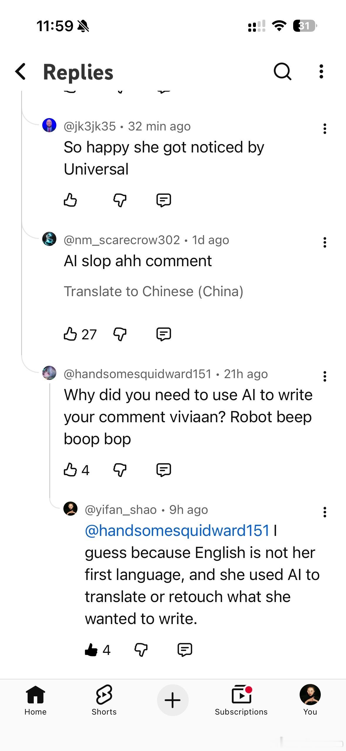 仲树采访诺兰的视频传到Youtube上，海外网友一顿夸。一个中国的网友就用英语在