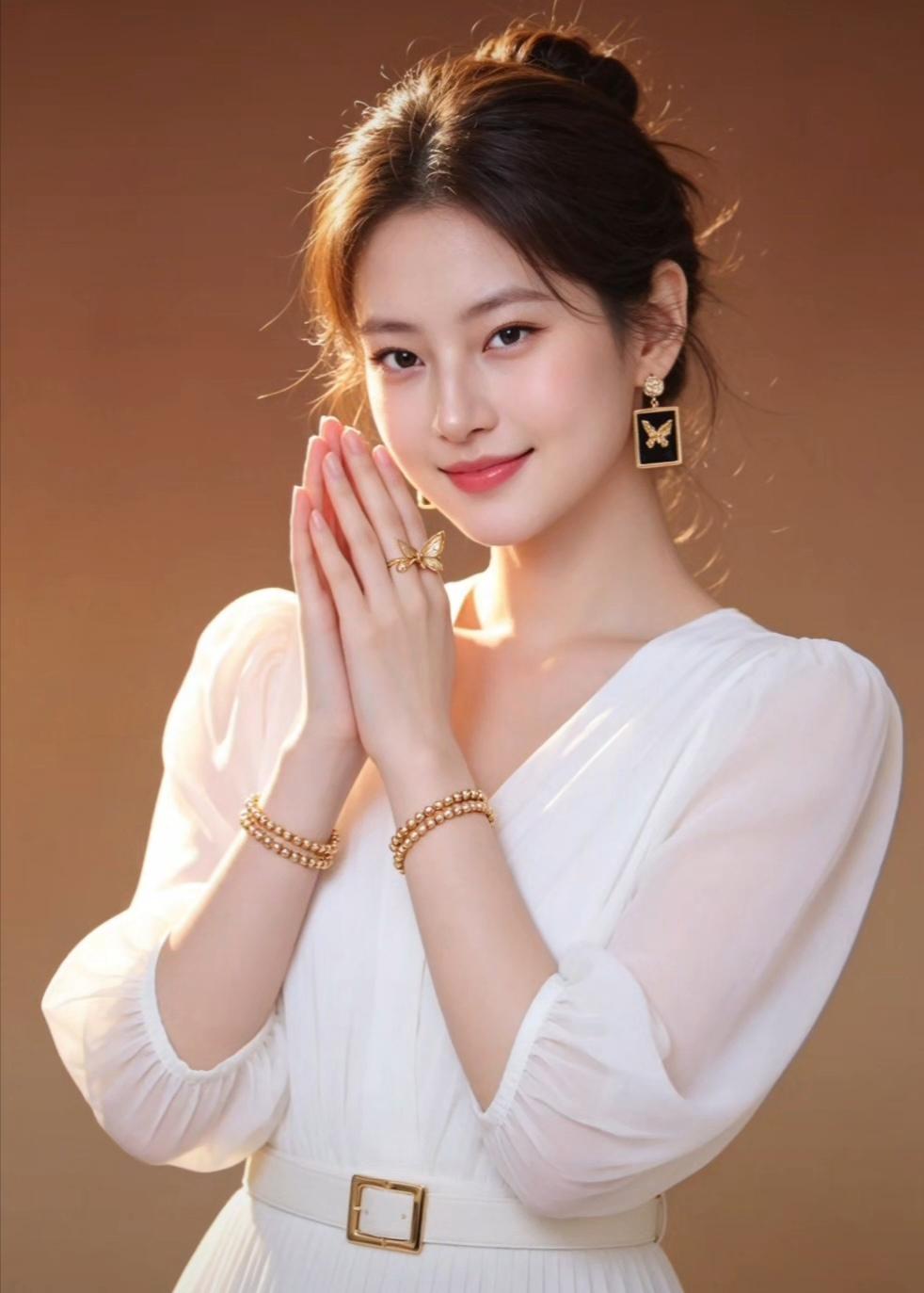 温柔优雅的少女，金饰点缀，甜美笑容