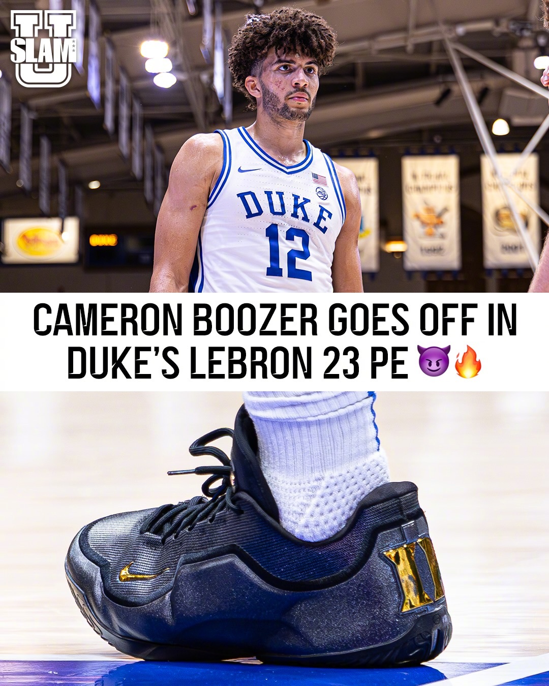 卡梅隆-布泽尔上脚了杜克专属的LeBron 23 PE，后跟一个代表杜克的大大“