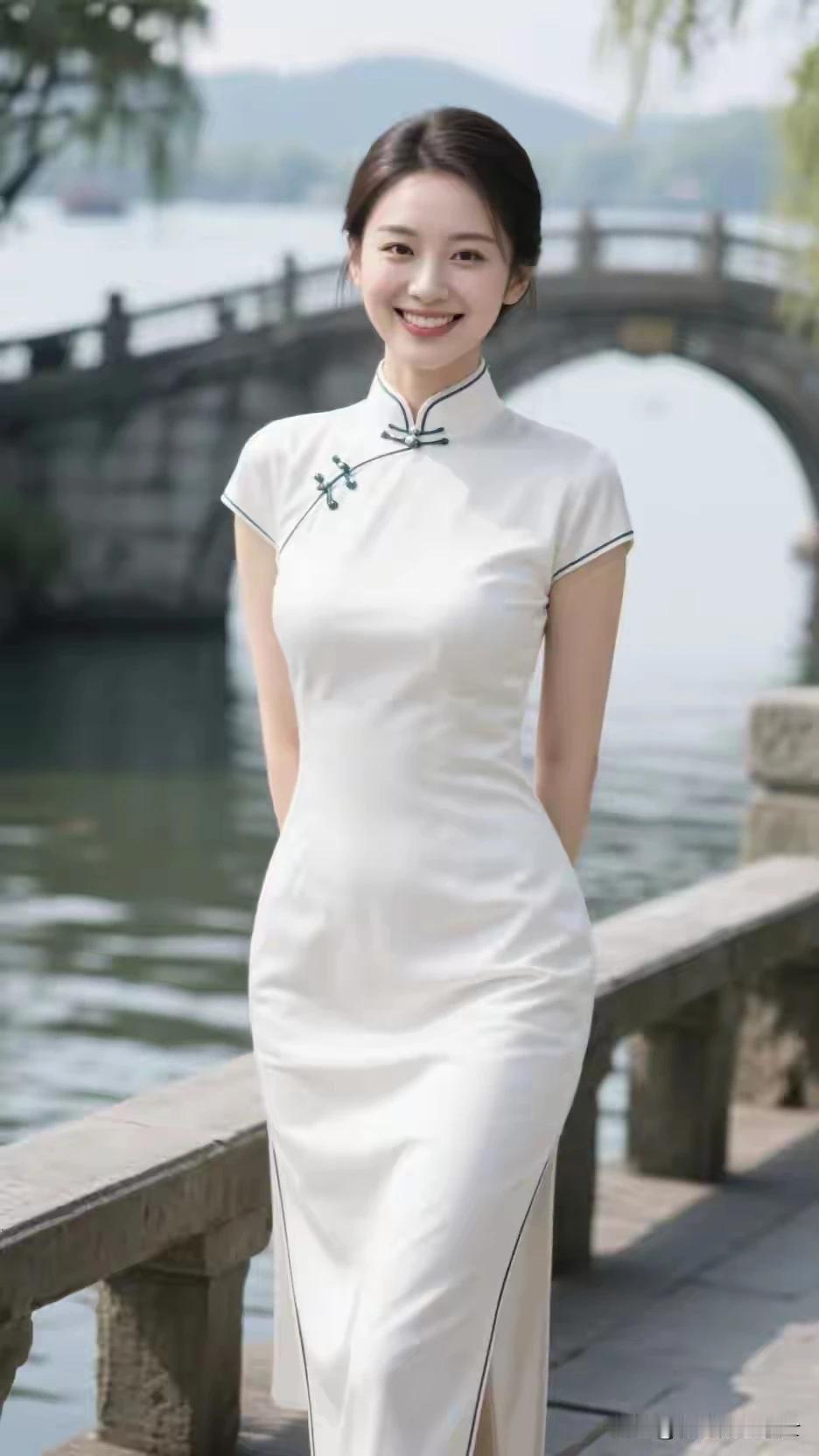 碧水湖边 ，白色旗袍
出水芙蓉，梨花带雨
冰肌玉骨，明眸皓齿
月里嫦娥，仪态万方