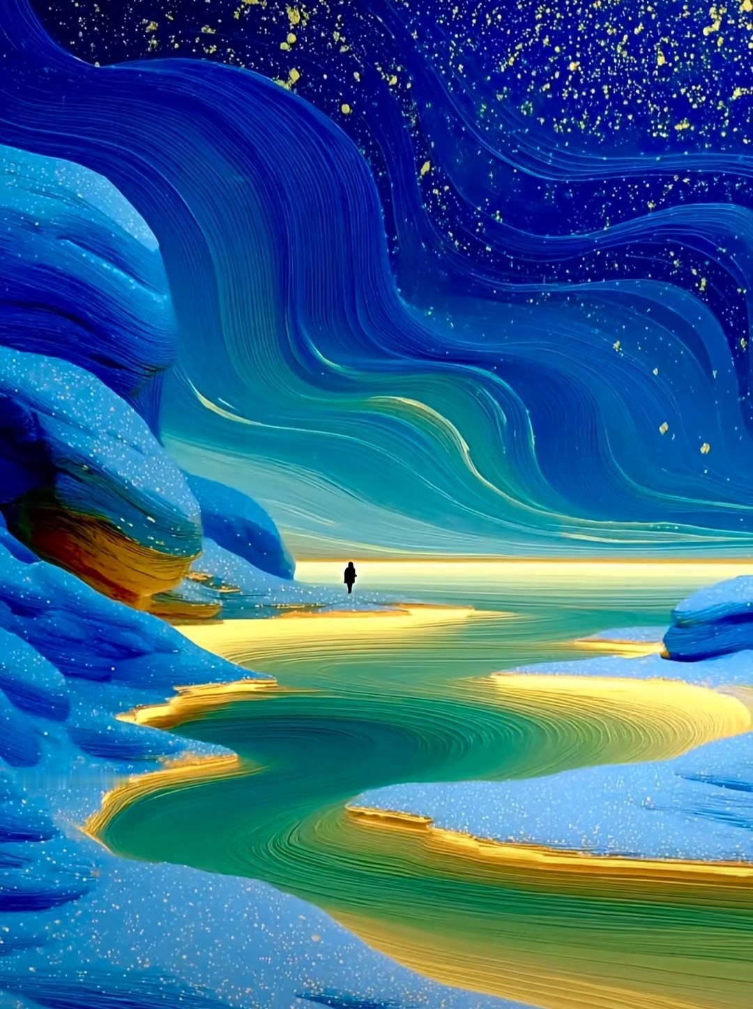 星子碎在深蓝的褶皱里，晚风揉软了云的轮廓。河湾淌着鎏金的浪，独行人站成天地间最轻