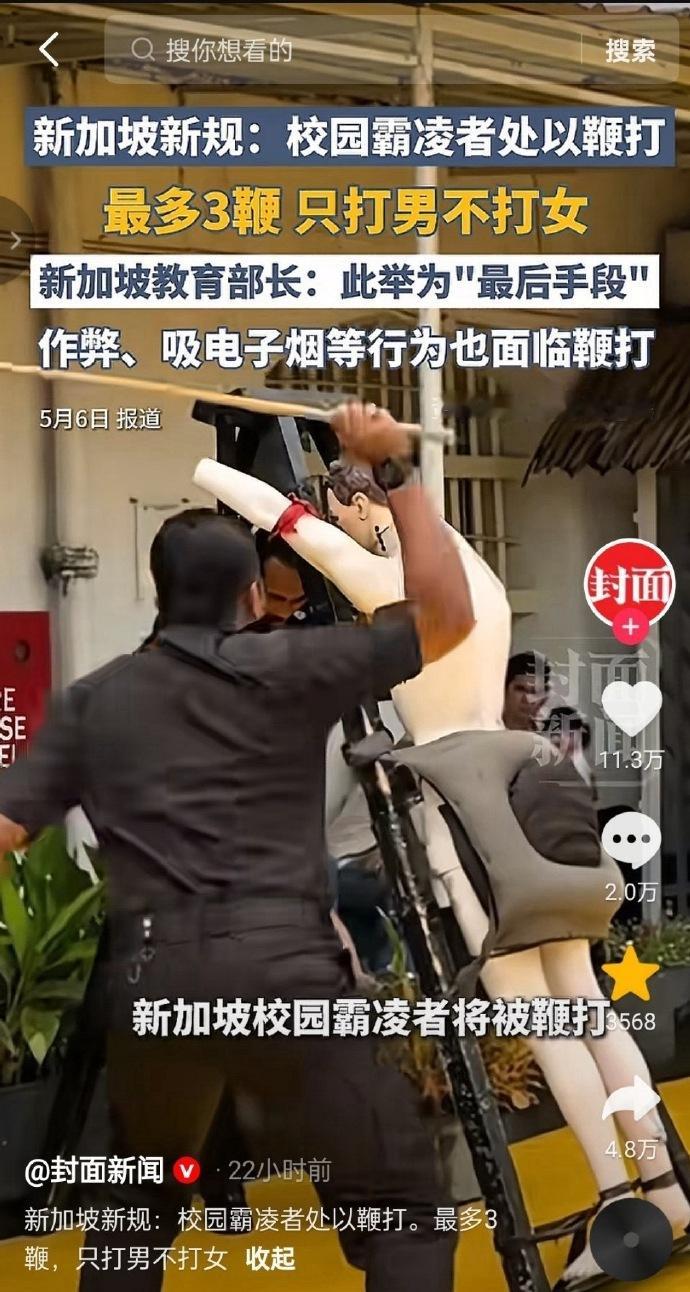 新加坡将鞭刑加入校园反霸凌新规 怪不得新加坡鞭刑打男不打女。原来，在新加坡的法律