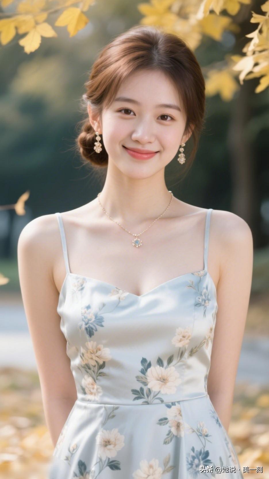 秋日暖阳下的优雅少女，浅笑安然，花裙飘逸。什么样的女人算自然美