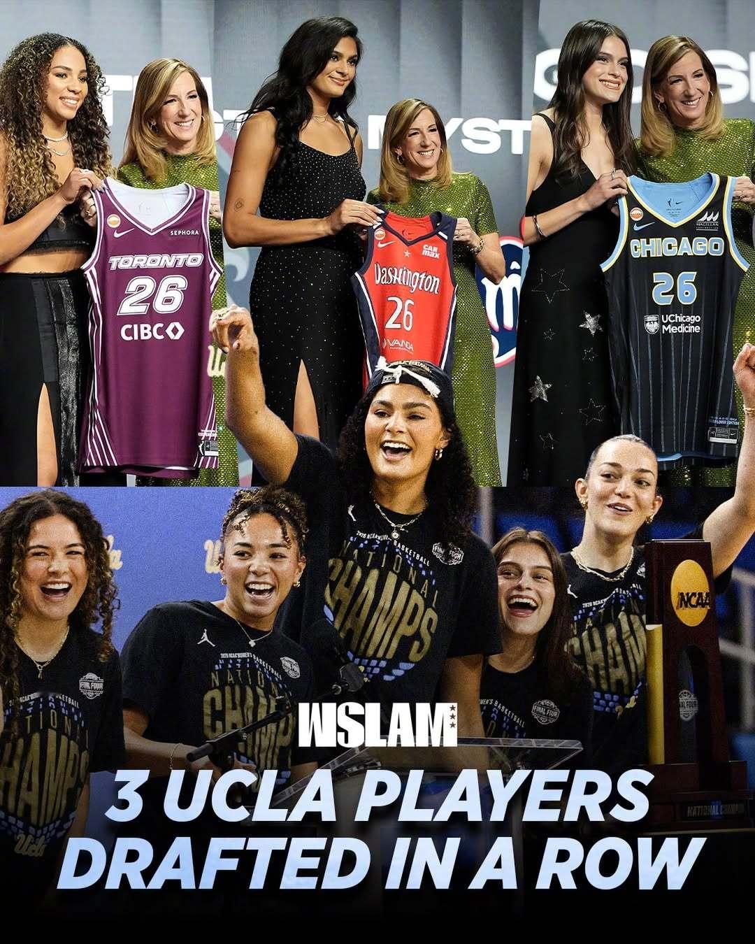 今年NCAA女篮冠军UCLA六个人参加选秀，五个在首轮入选，六个人全部被选中。这