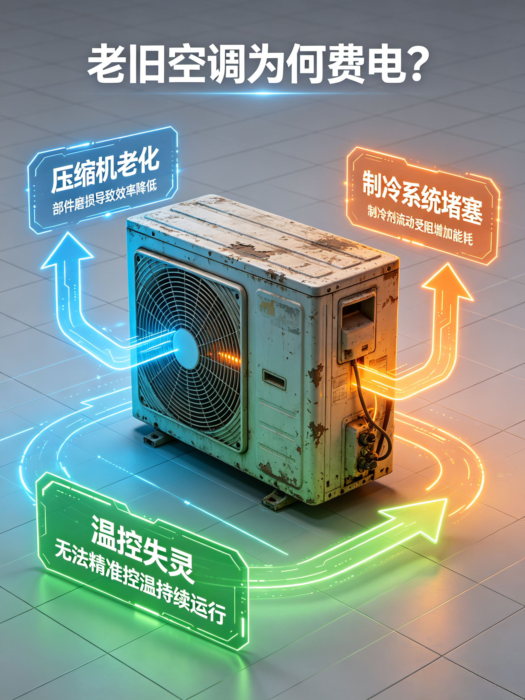 老旧空调为什么会越用越费电三个因素：1. 耗电根源：8年以上空调压缩机磨损、换热
